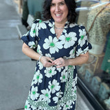 Navy Floral & Striped Mixed Media Dress