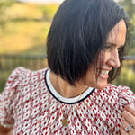 Rust Ivory Jacquard Fringe Trim Puff Sleeve Top Top - Sweater VOY