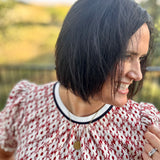 Rust Ivory Jacquard Fringe Trim Puff Sleeve Top Top - Sweater VOY