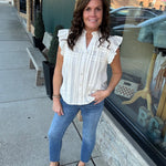 Cream Flutter Sleeve Button Down Top Tops- Blouses THML