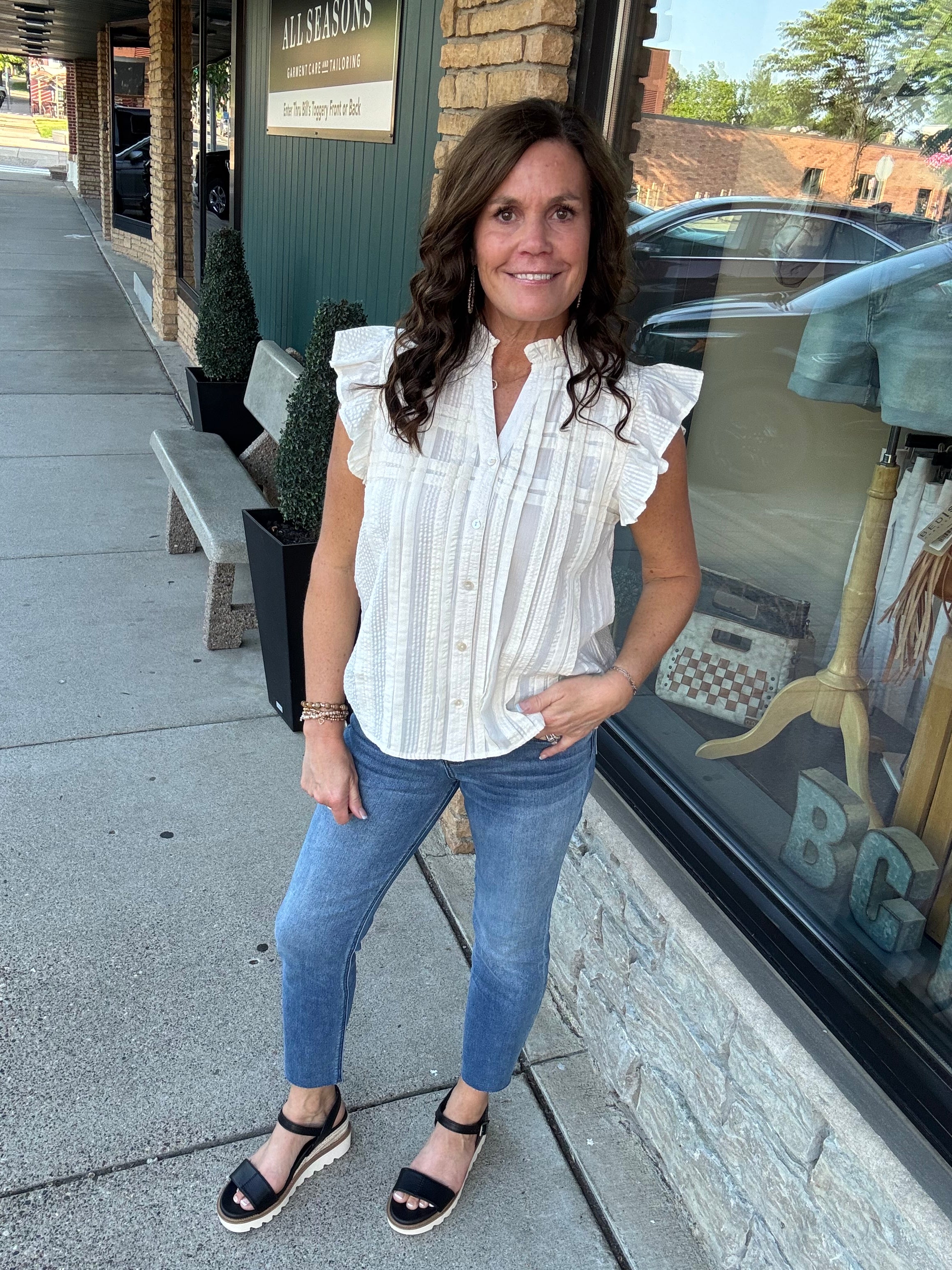 Cream Flutter Sleeve Button Down Top Tops- Blouses THML