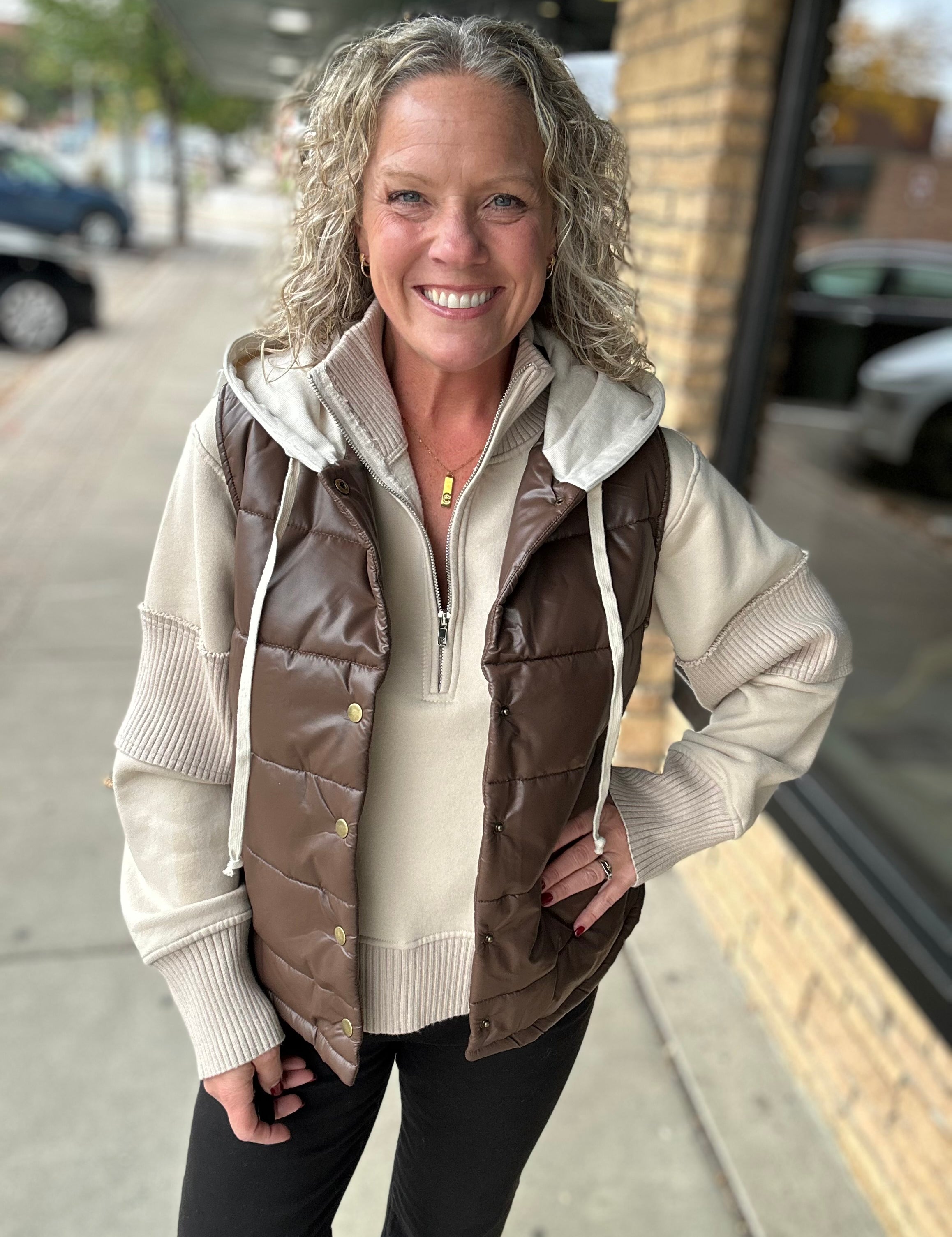 Chestnut Faux Leather Hoodie Puffer Vest Outerwear - Vest HEM & THREAD
