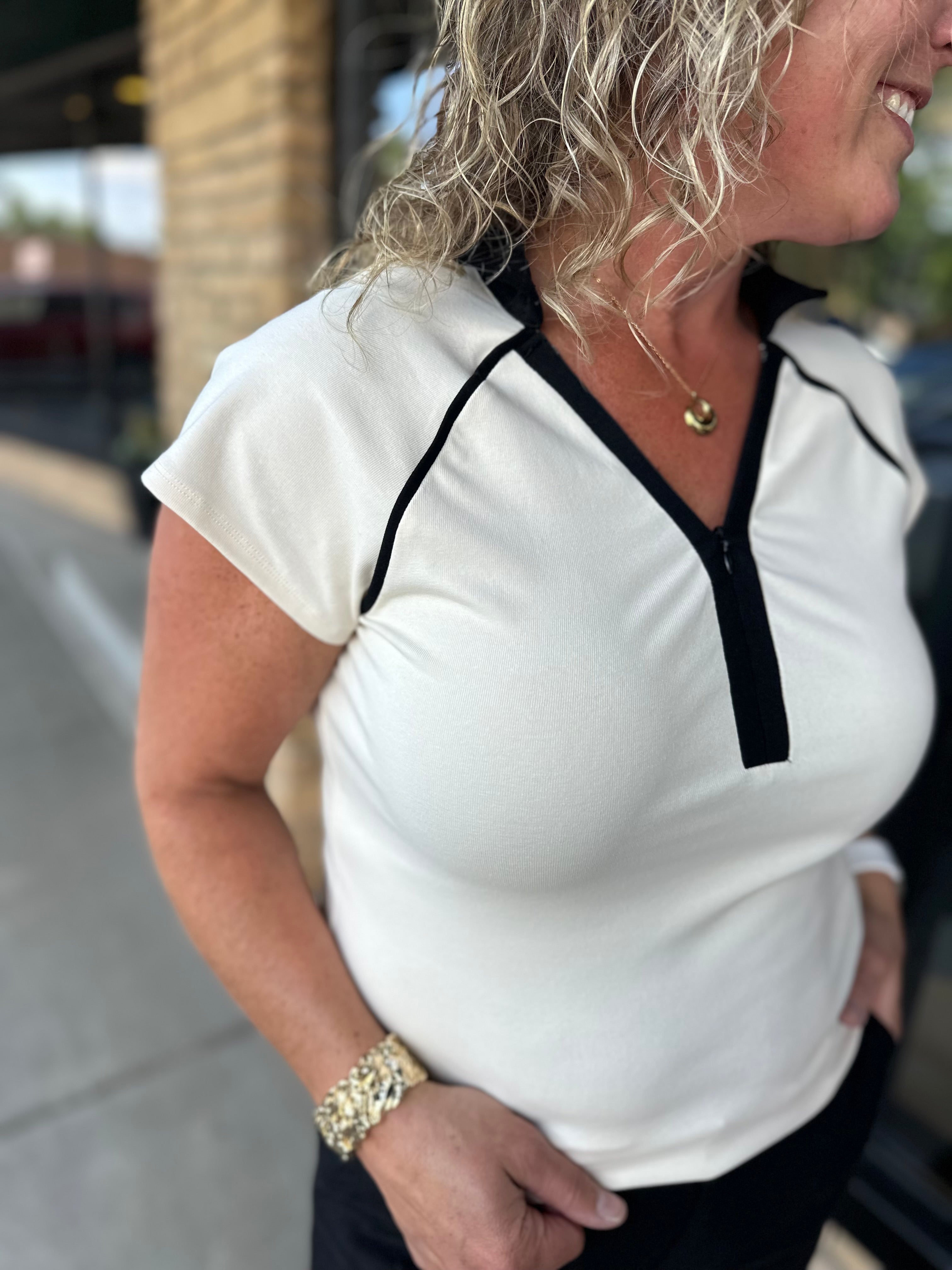 Ivory/Black Contrast Baseball Tee Top - Tee DOE & RAE