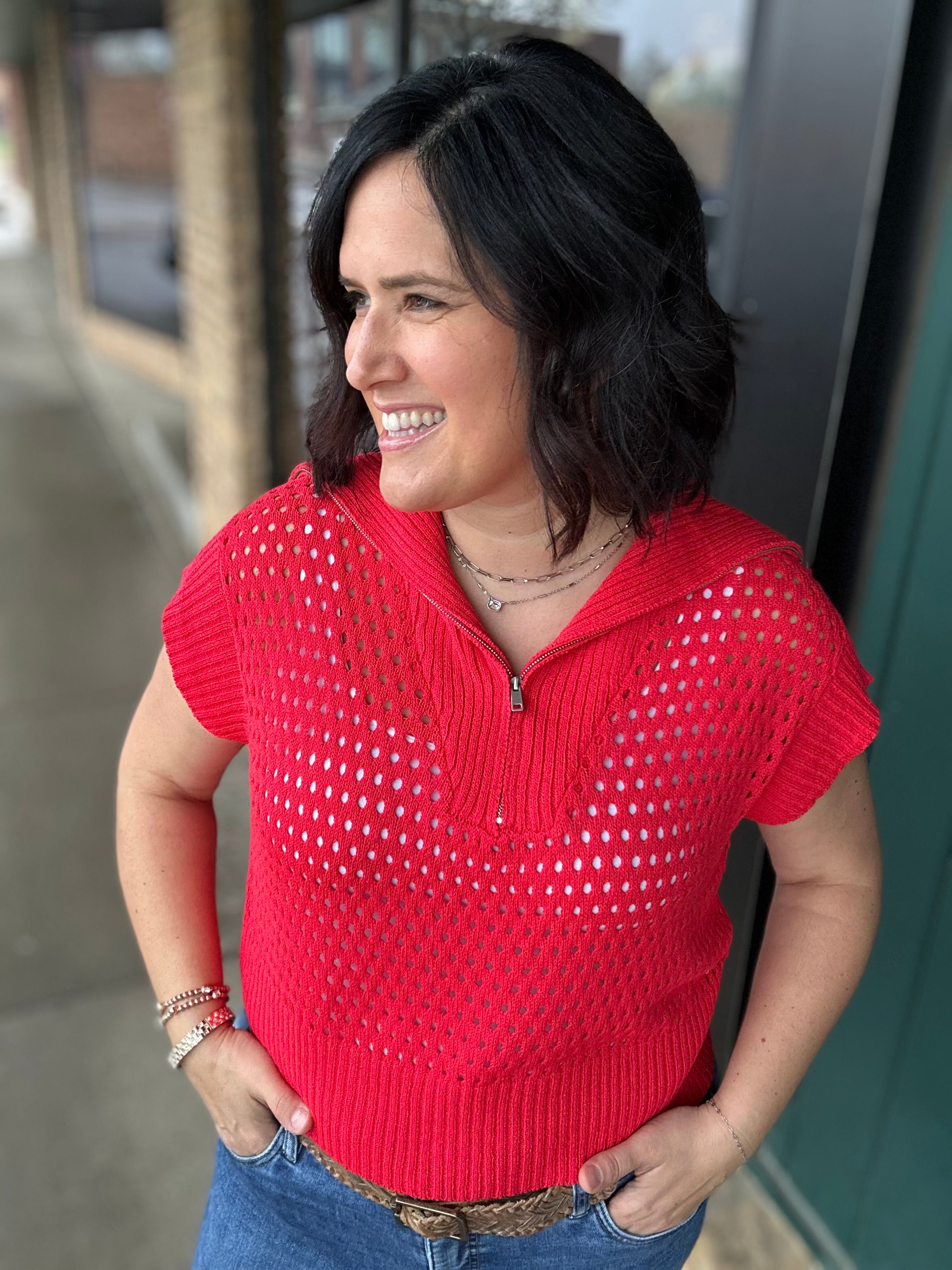 Red Zip Up Sweater Top - Sweater Mystree
