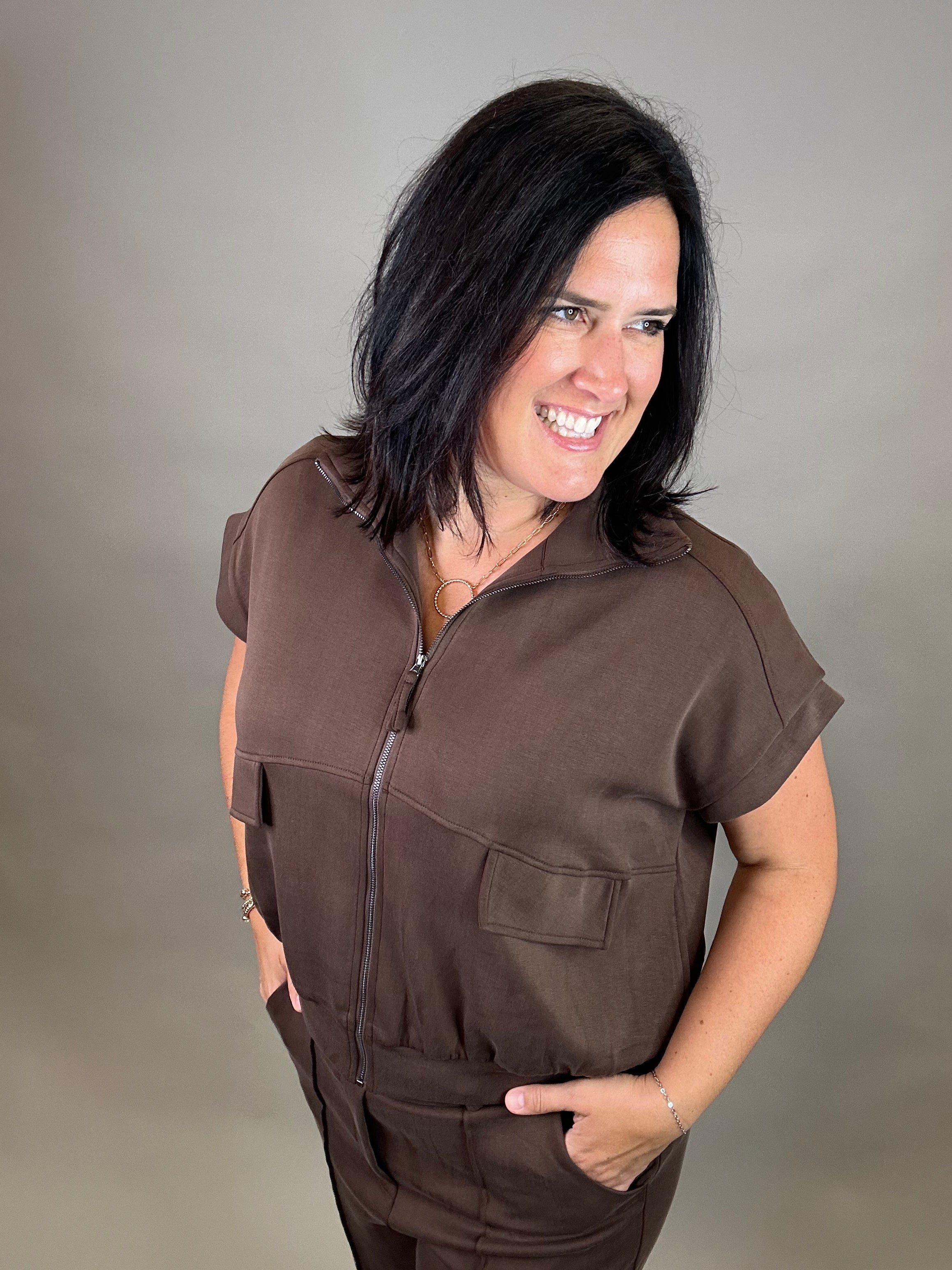 Espresso Modal Short Sleeve Jacket Outerwear- Jackets DOE & RAE