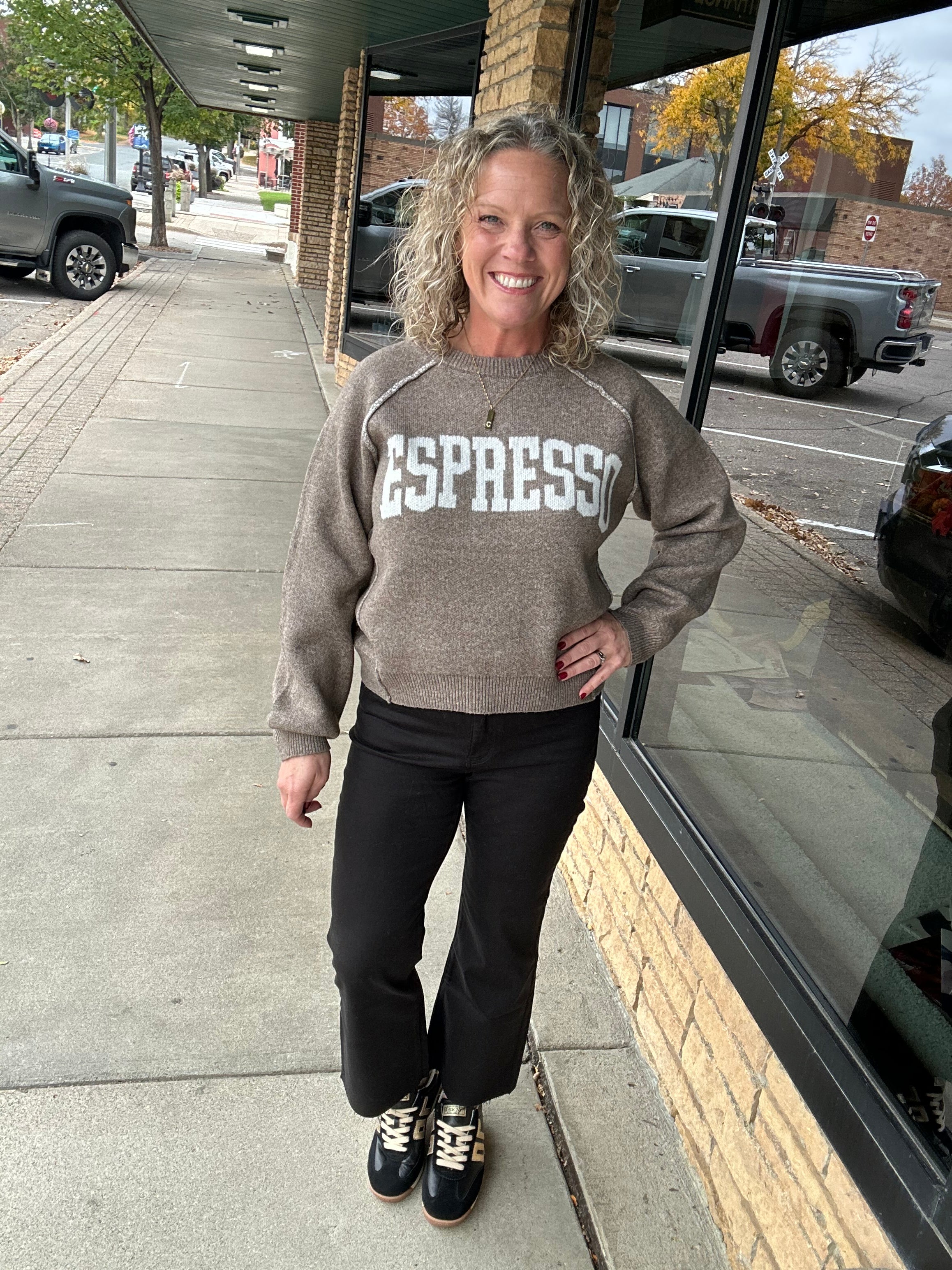 Mocha Soft Brush Textured Espresso Pullover Top - Sweater HEM & THREAD