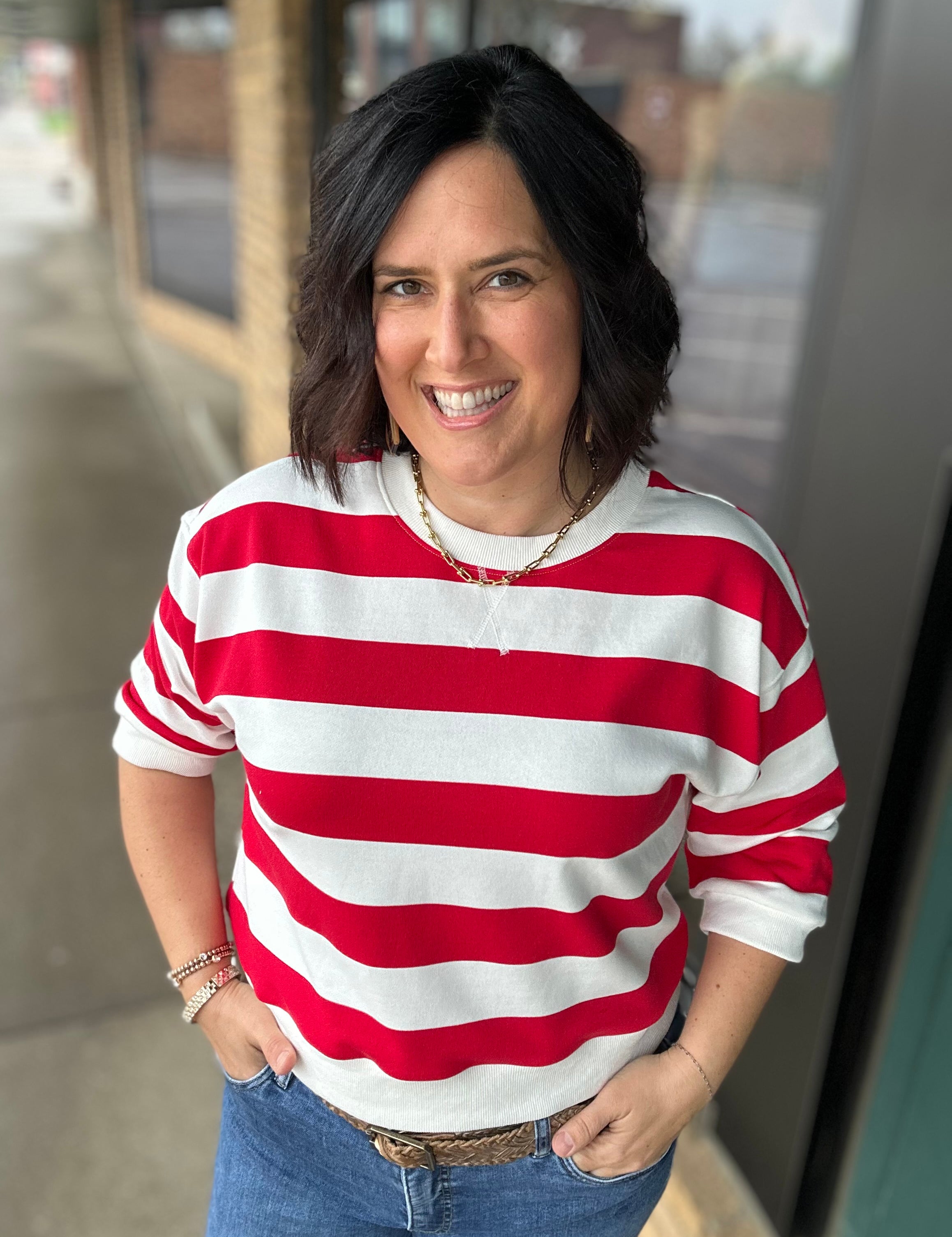 Red/White Striped Sweatshirt Top - Sweatshirt JODIFL
