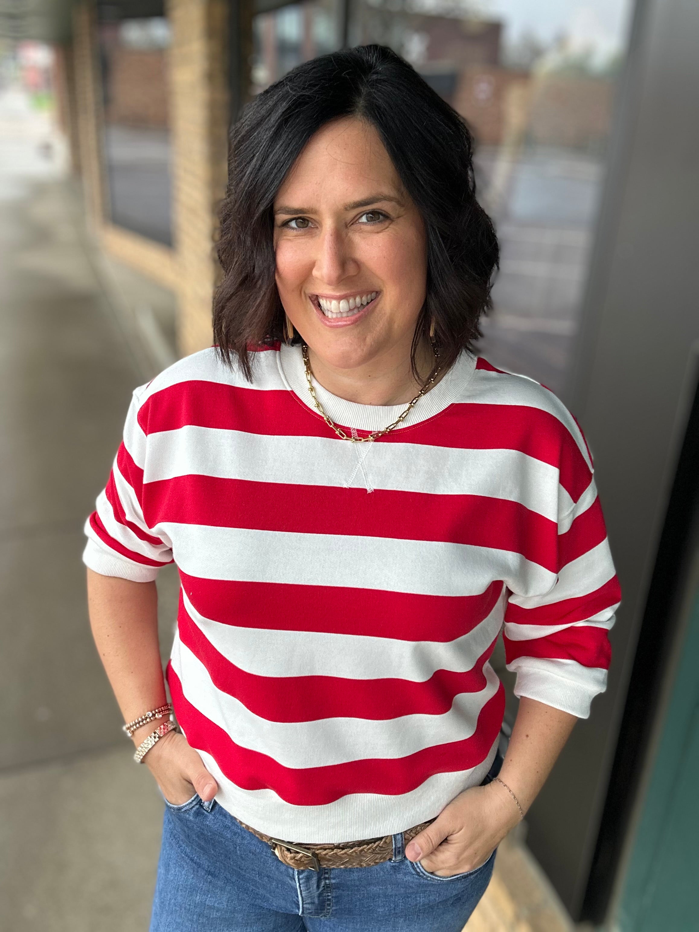 Red/White Striped Sweatshirt Top - Sweatshirt JODIFL