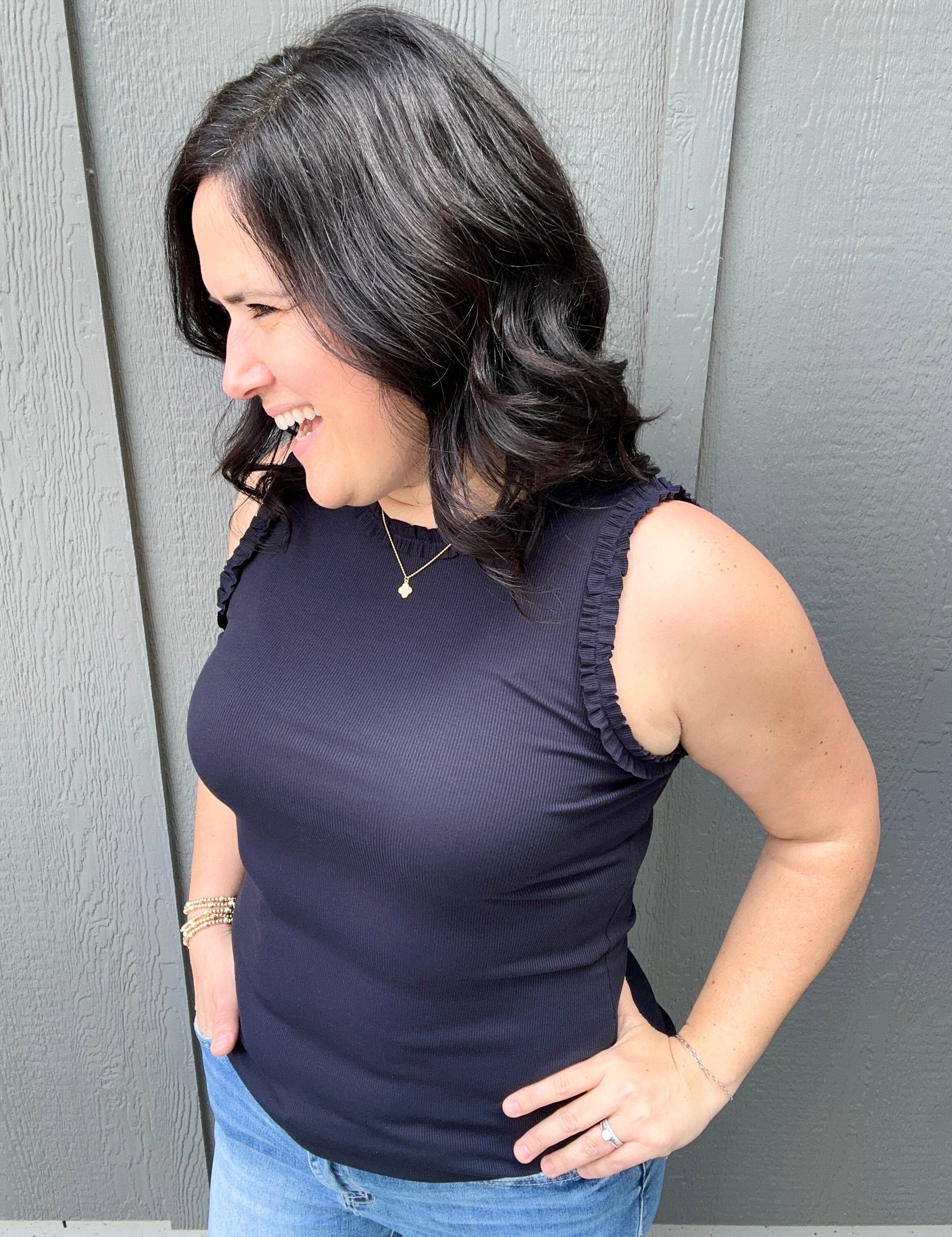 Navy Ruffle Tank Tops- Tanks DOE & RAE