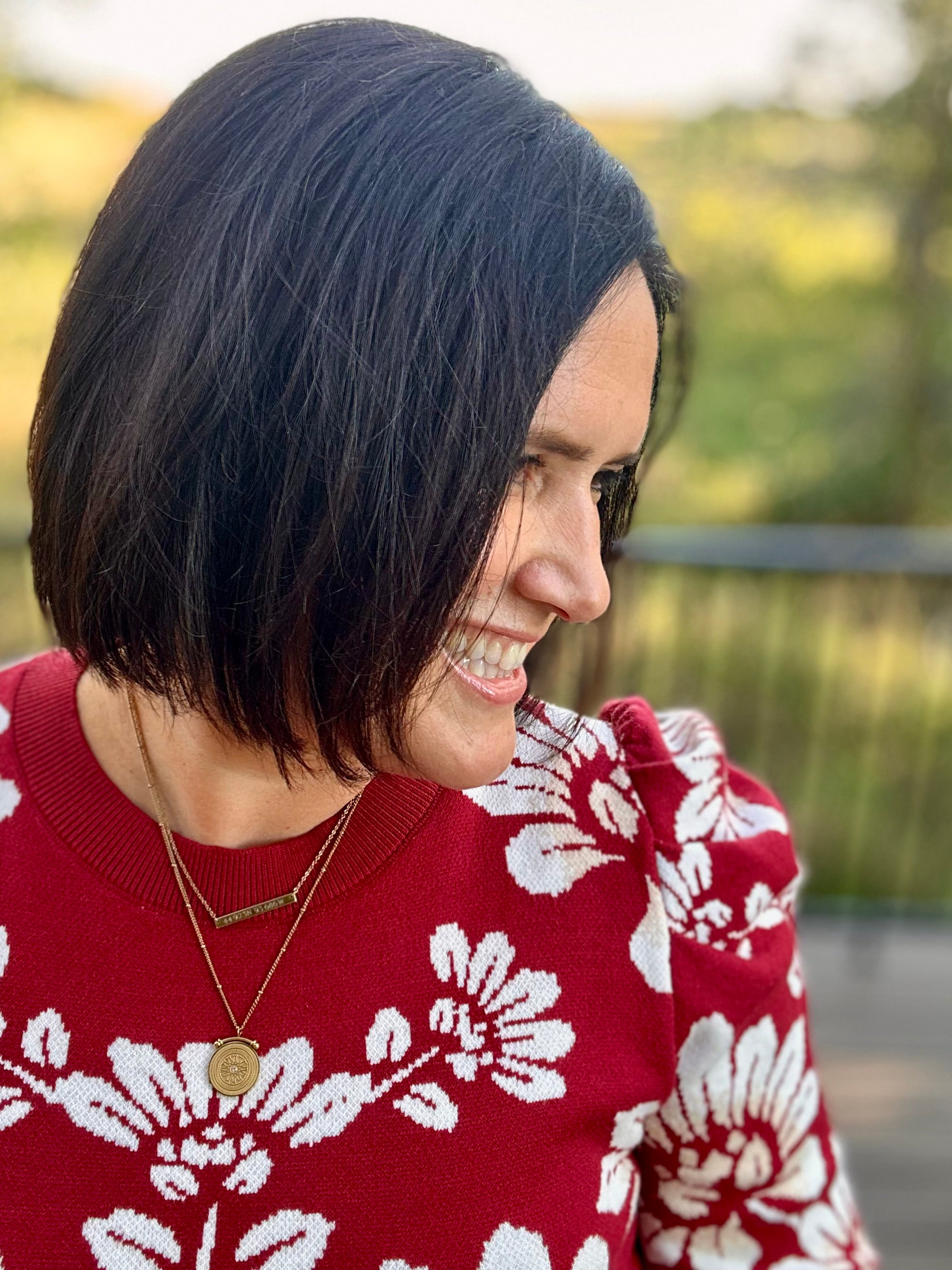 Burgundy Ivory Large Floral Puff Sleeve Knit Sweater Top - Sweater VOY