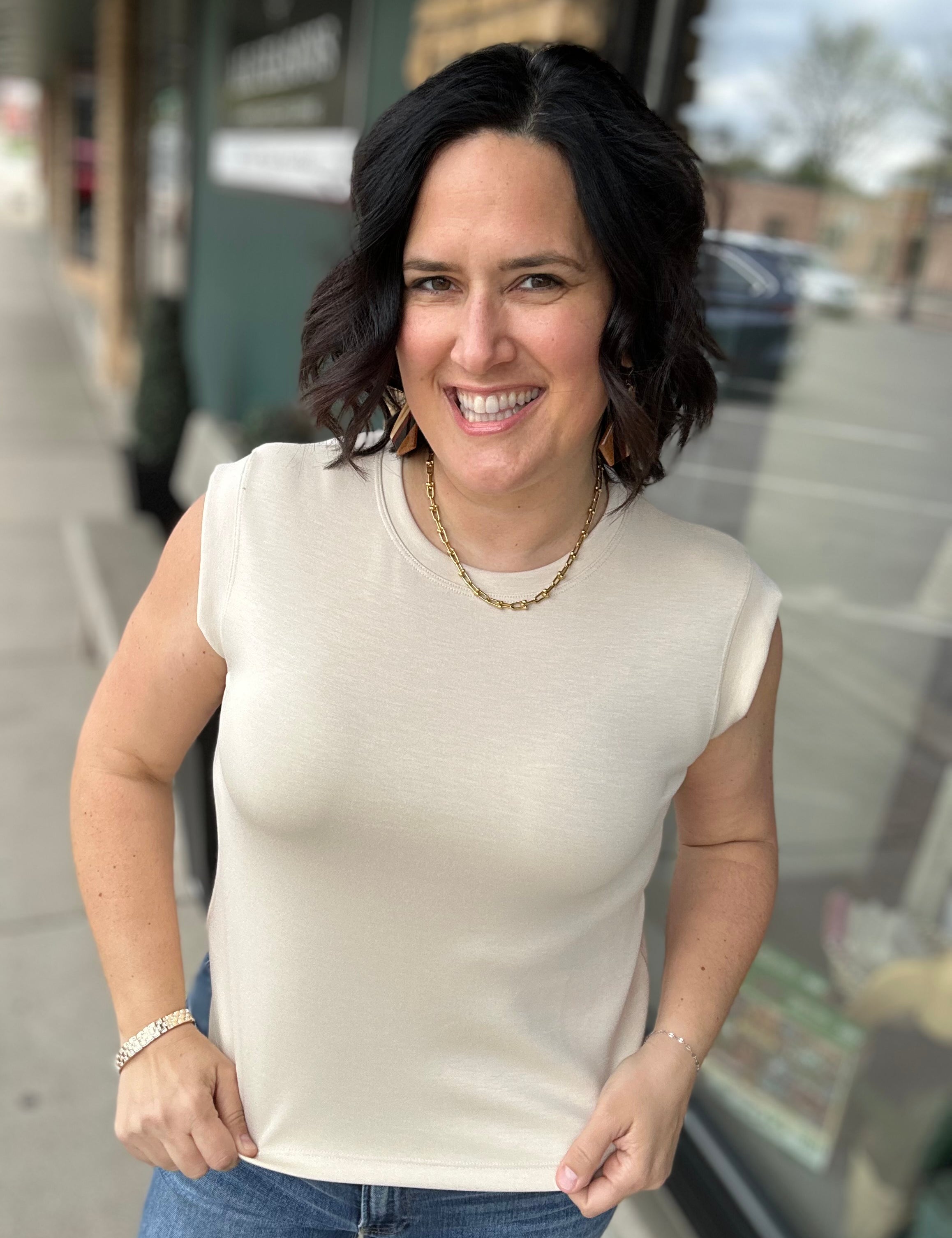 Beige Round Neck Sleeveless Top Tops- Tanks GILLI