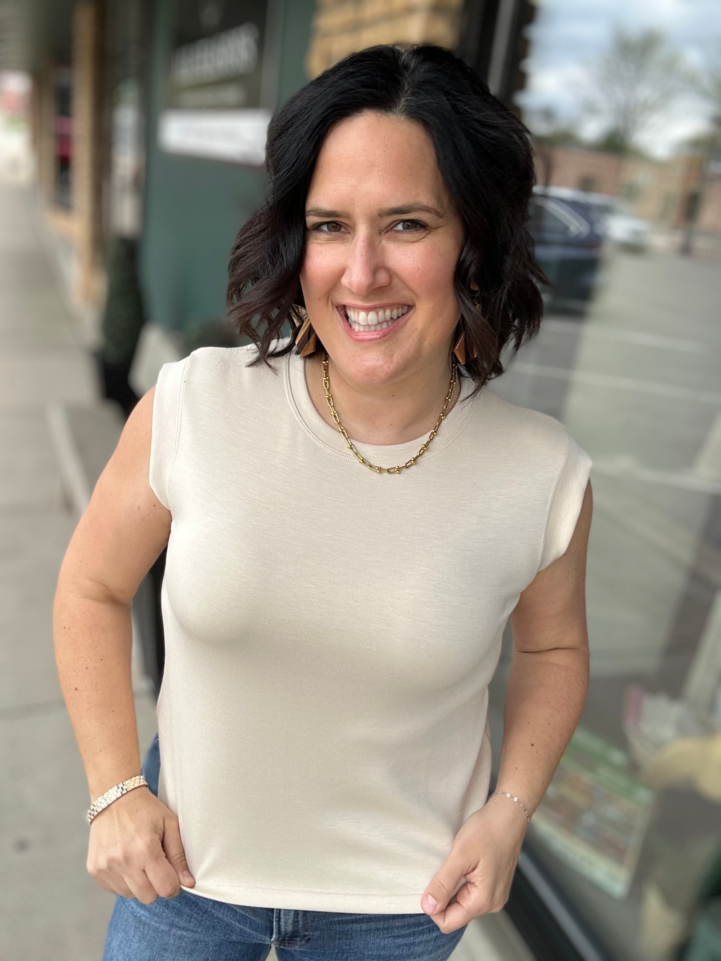 Beige Round Neck Sleeveless Top Tops- Tanks GILLI