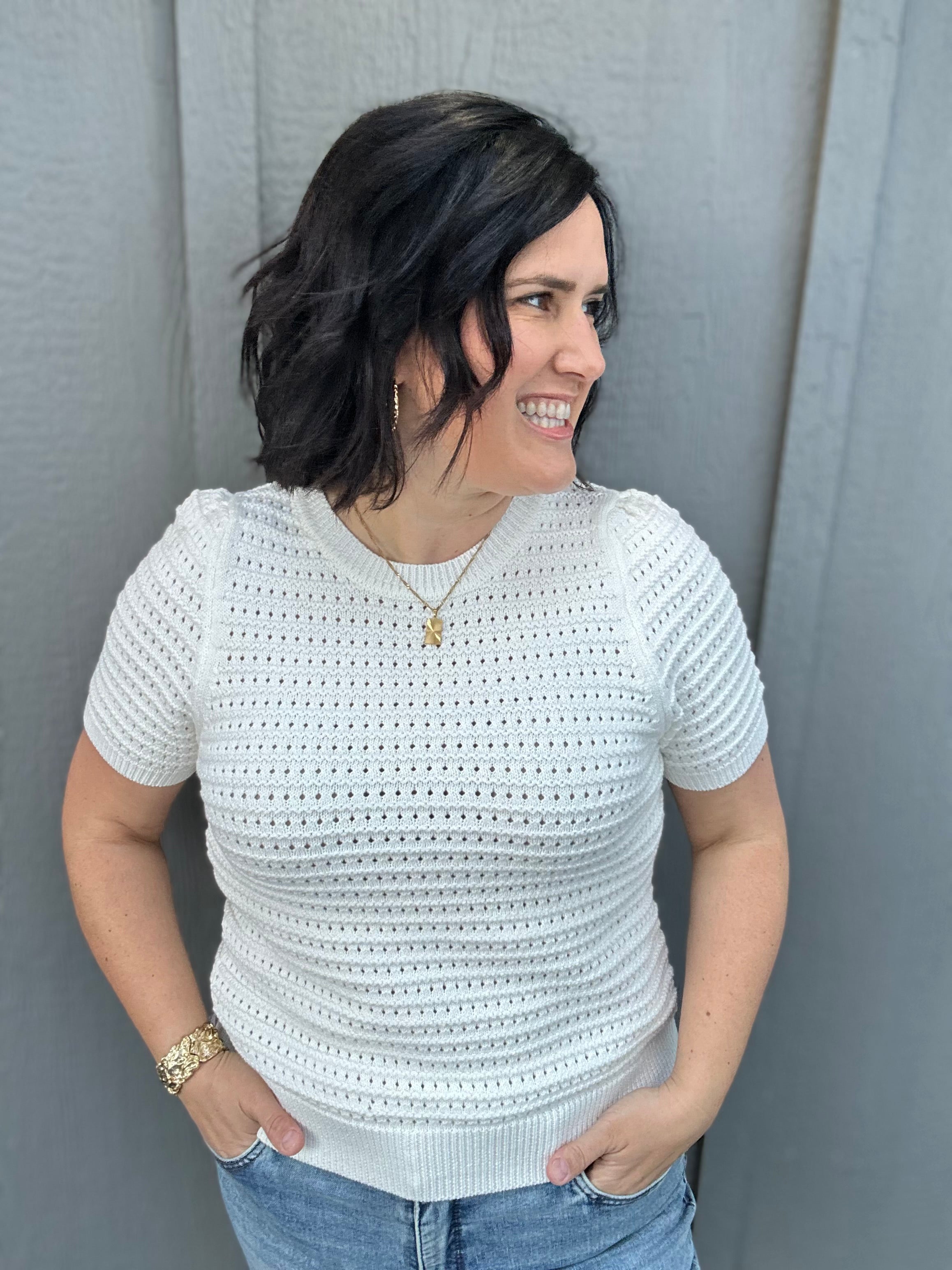 Off White Open Weave Short Puff Sleeve Sweater Top - Sweater STACCATO