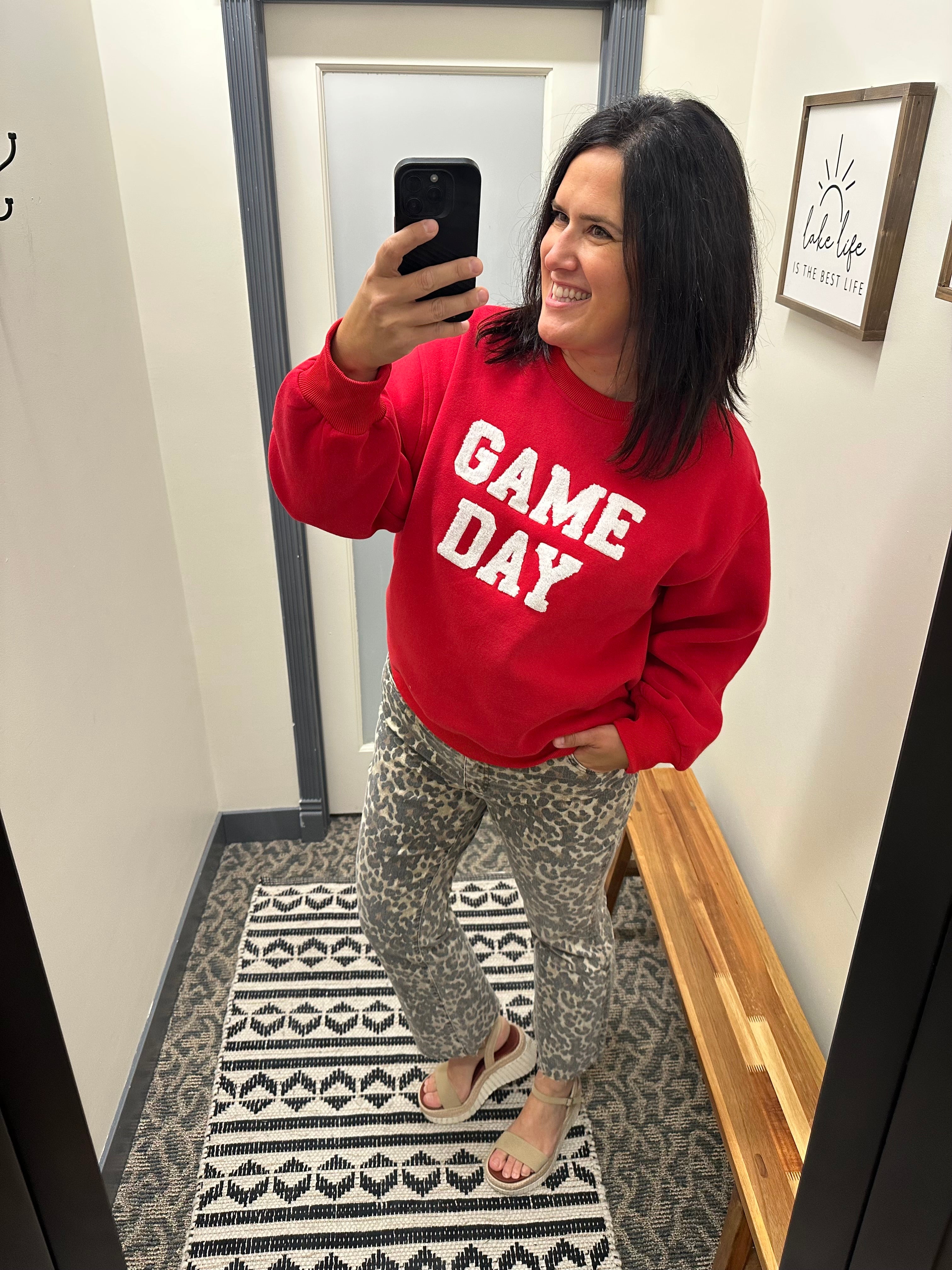 Red Game Day Sweatshirt Top- Sweatshirts PANACHE