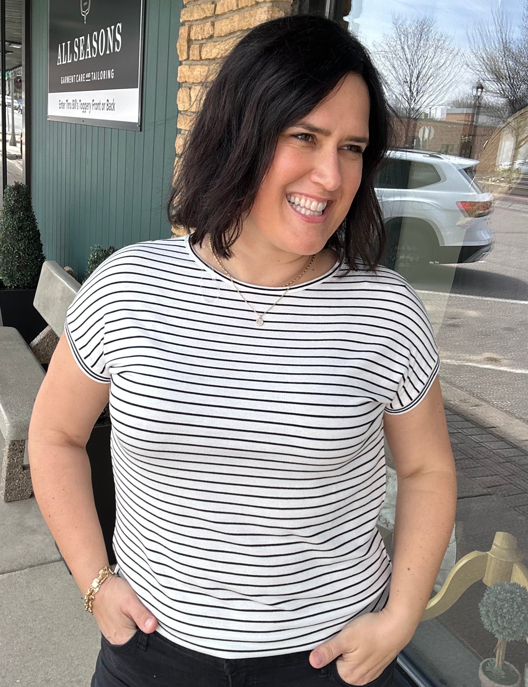 Ivory/Black Stripe Varsity Hem Top Tops- Tees STACCATO