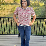 Rust Ivory Jacquard Fringe Trim Puff Sleeve Top Top - Sweater VOY