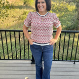 Rust Ivory Jacquard Fringe Trim Puff Sleeve Top Top - Sweater VOY