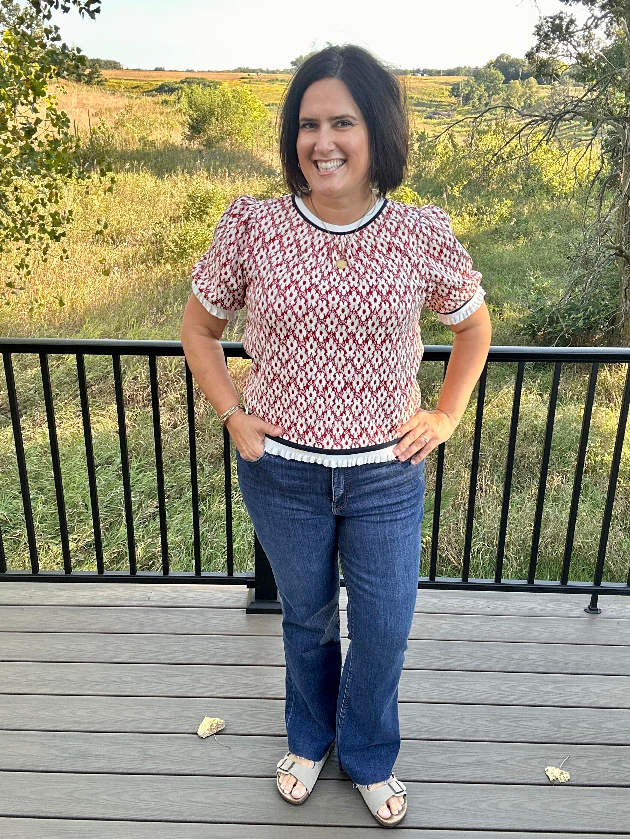Rust Ivory Jacquard Fringe Trim Puff Sleeve Top Top - Sweater VOY