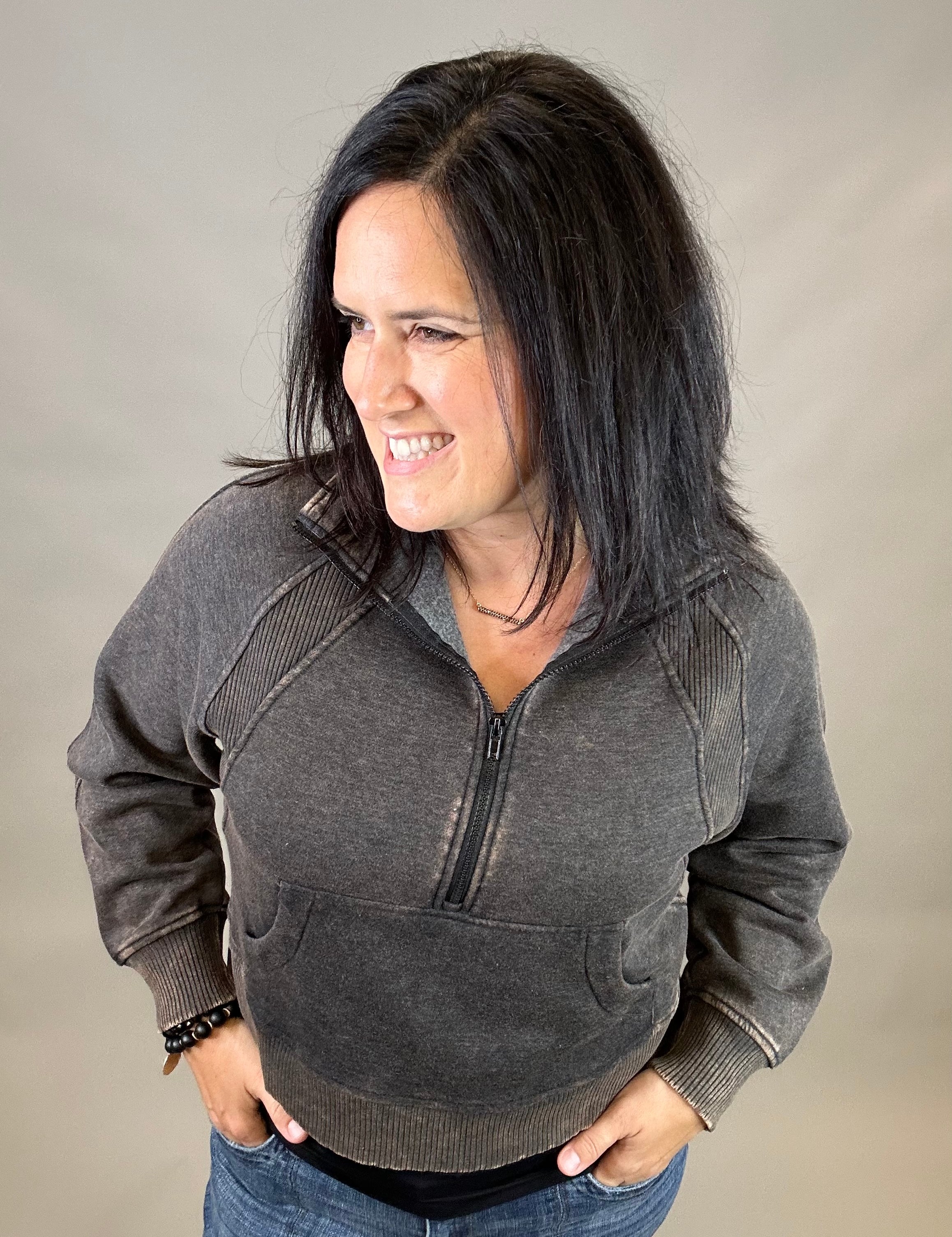 Ash Black Half Zip Pullover Top - Sweatshirt ZENANA