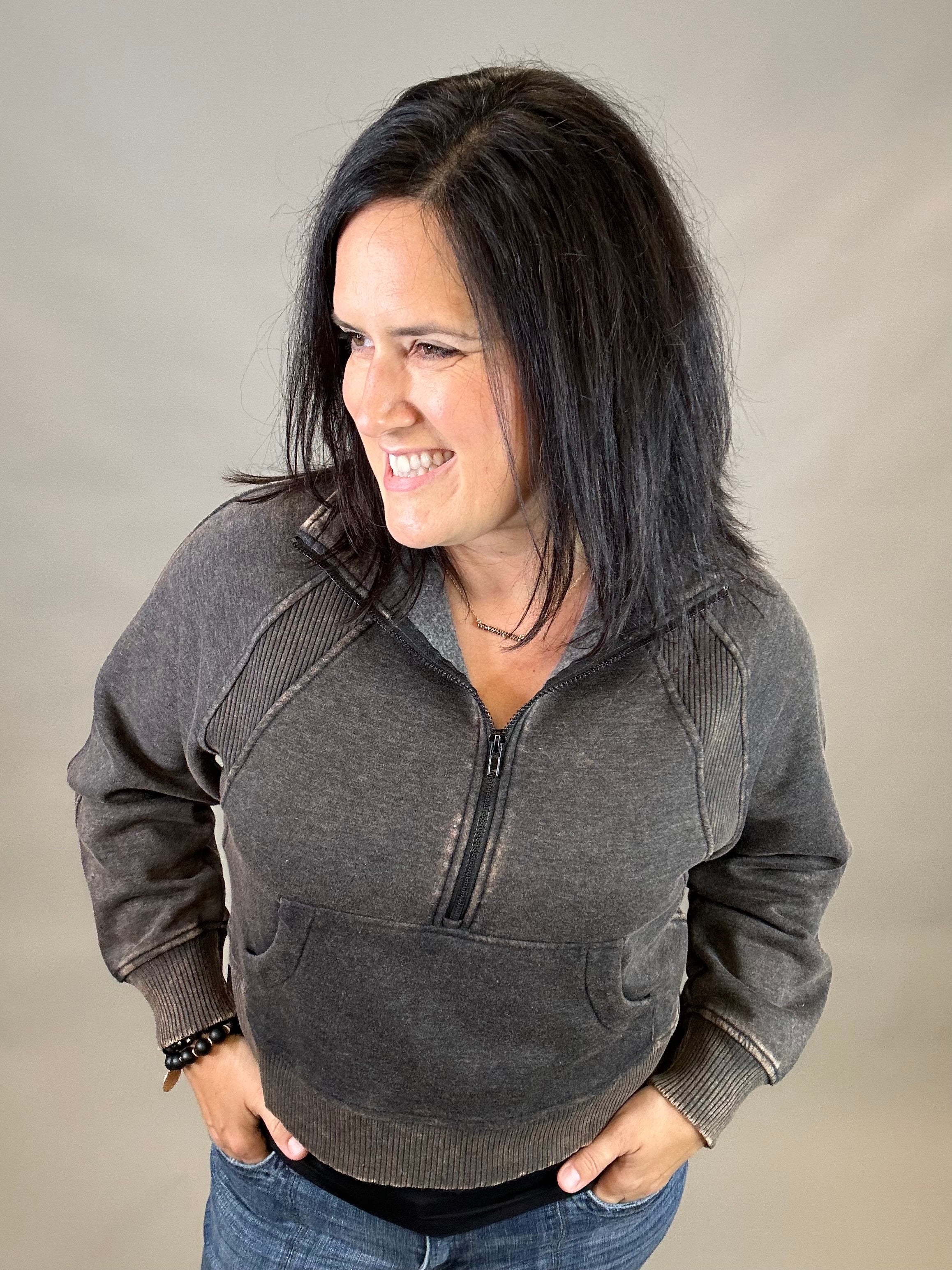 Ash Black Half Zip Pullover Top - Sweatshirt ZENANA