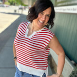 Ivory & Red Split Neck Sweater Top - Sweater STACCATO