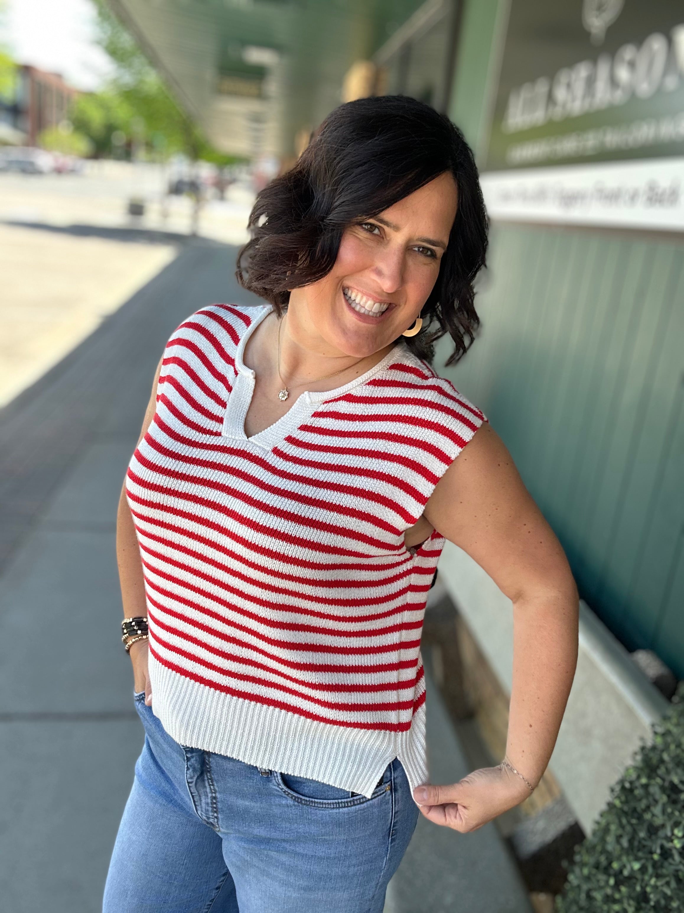 Ivory & Red Split Neck Sweater Top - Sweater STACCATO