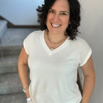 Ivory Waffle Knit V Neck Top - Tee ANDREE