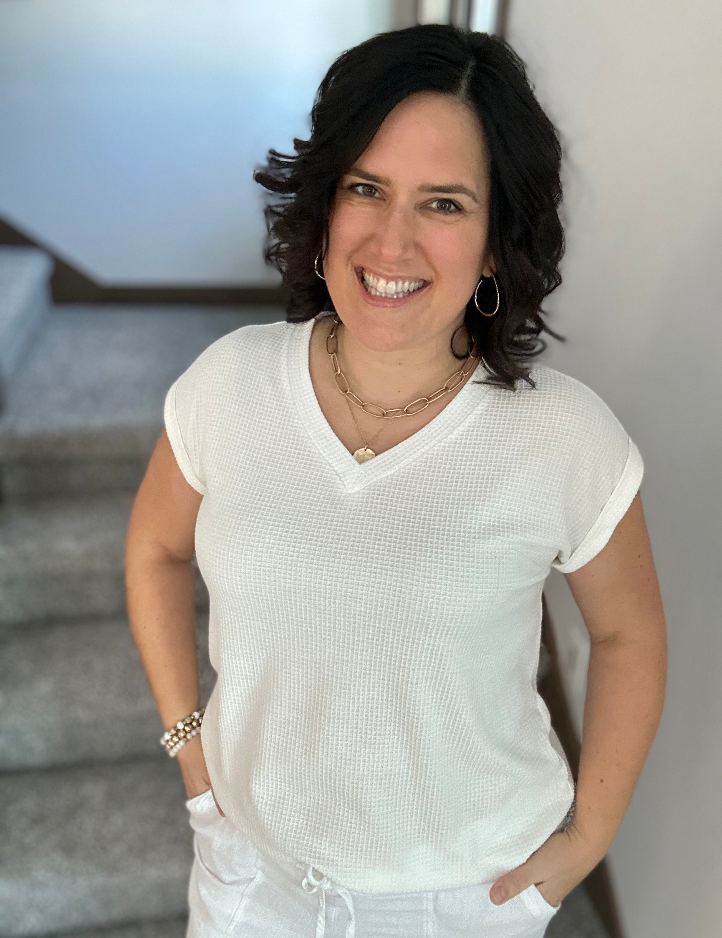 Ivory Waffle Knit V Neck Top - Tee ANDREE