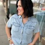 Light Denim Short Sleeve Tencel Denim Shirt Tops - Button Ups DOE & RAE