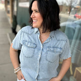 Light Denim Short Sleeve Tencel Denim Shirt Tops - Button Ups DOE & RAE
