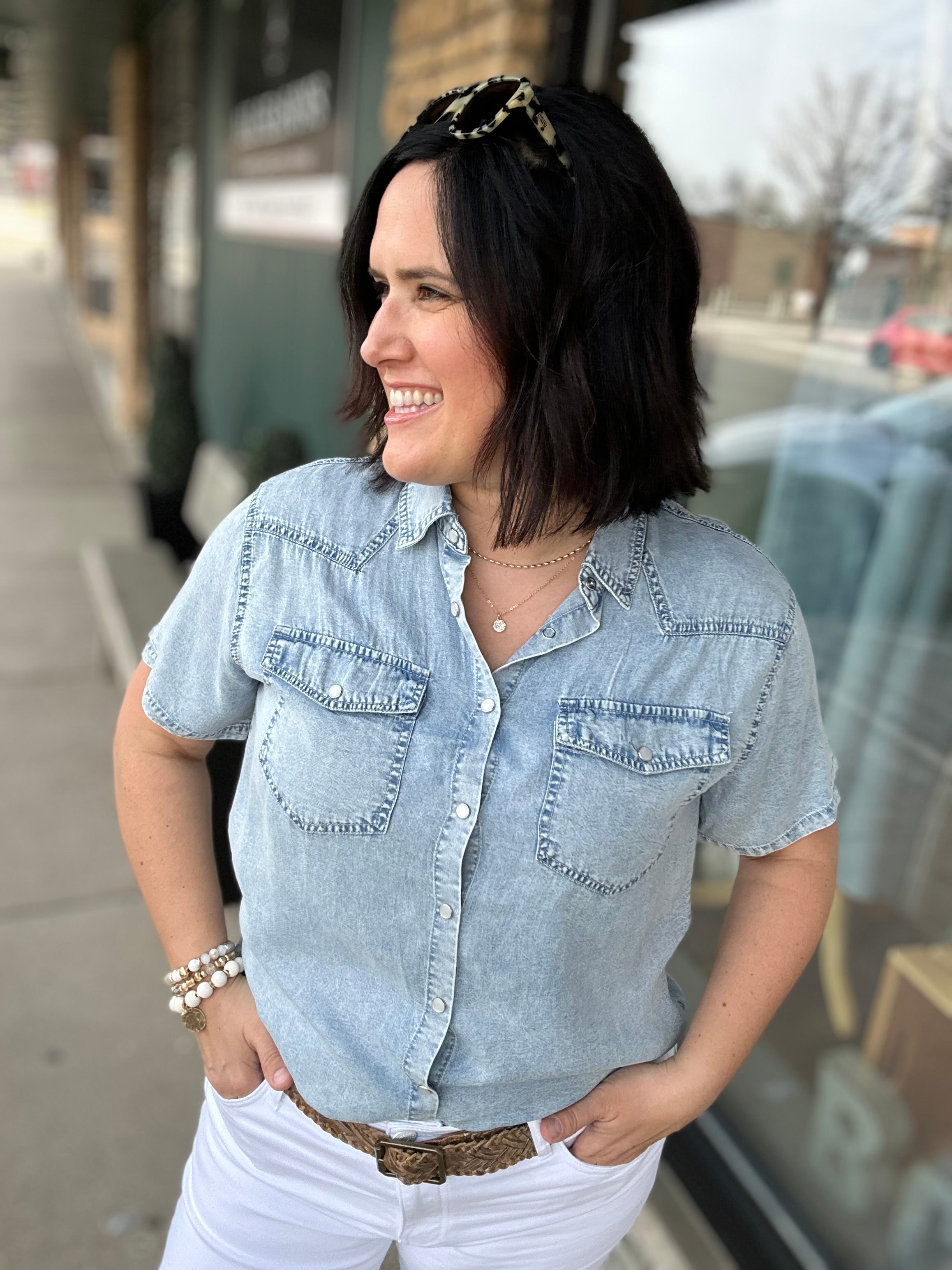 Light Denim Short Sleeve Tencel Denim Shirt Tops - Button Ups DOE & RAE