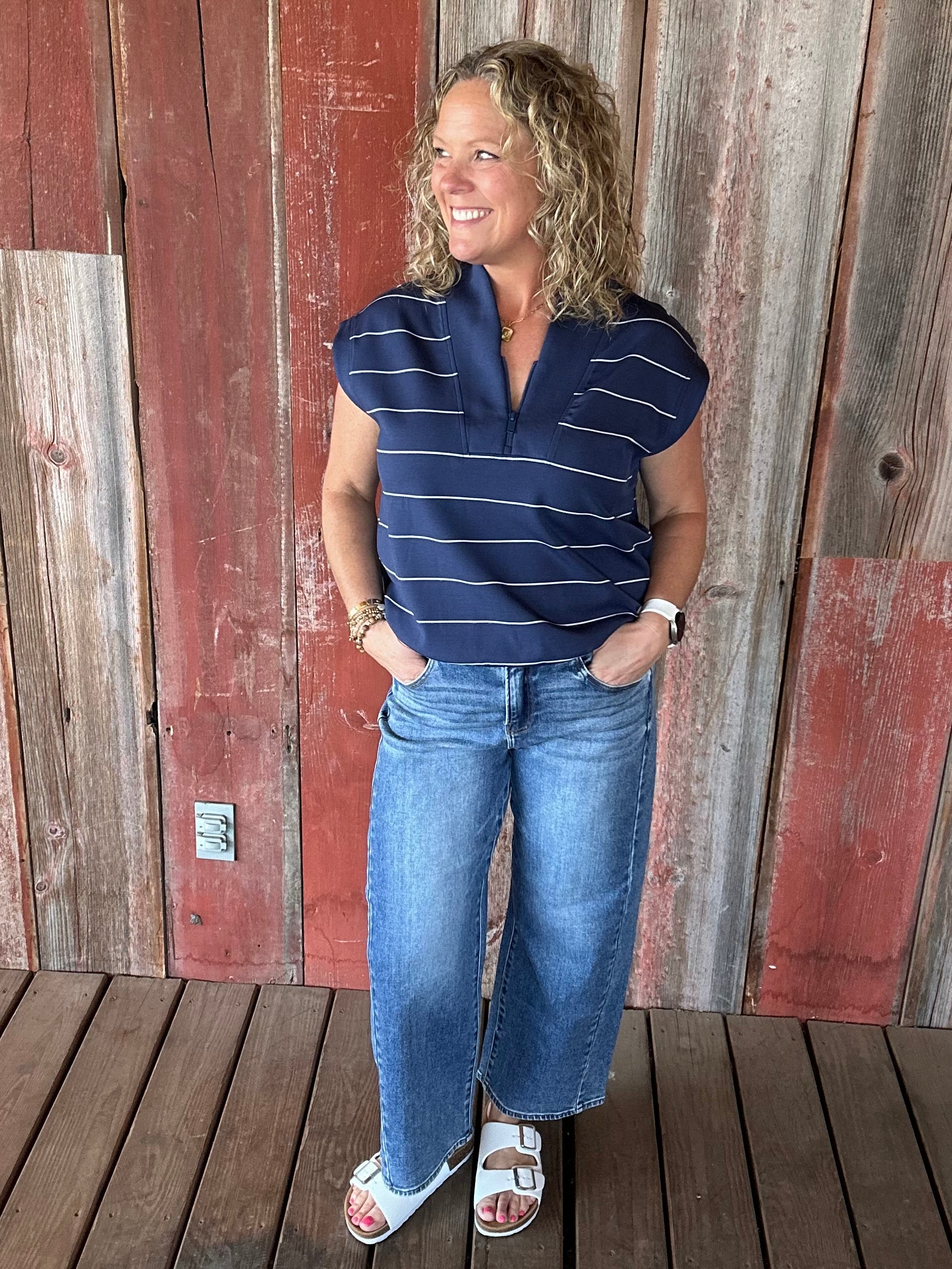 Navy Striped Modal Sleeveless Top Tops- Tanks RAE MODE
