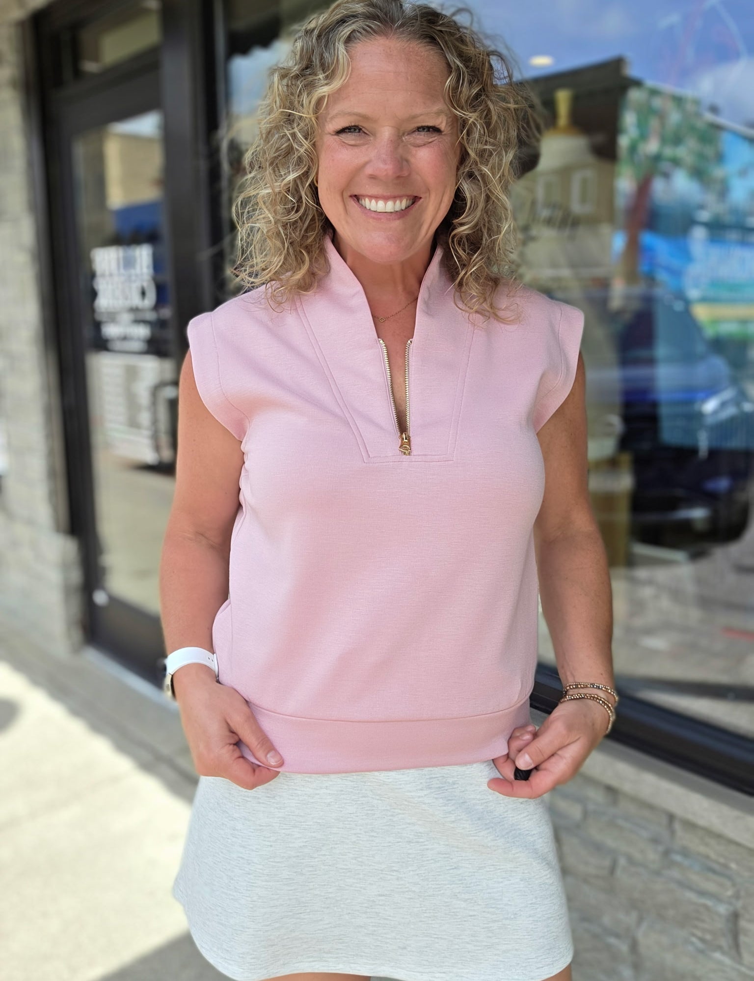 Pink Collared Half Zip Sleeveless Top Tops- Blouses STAR DROP