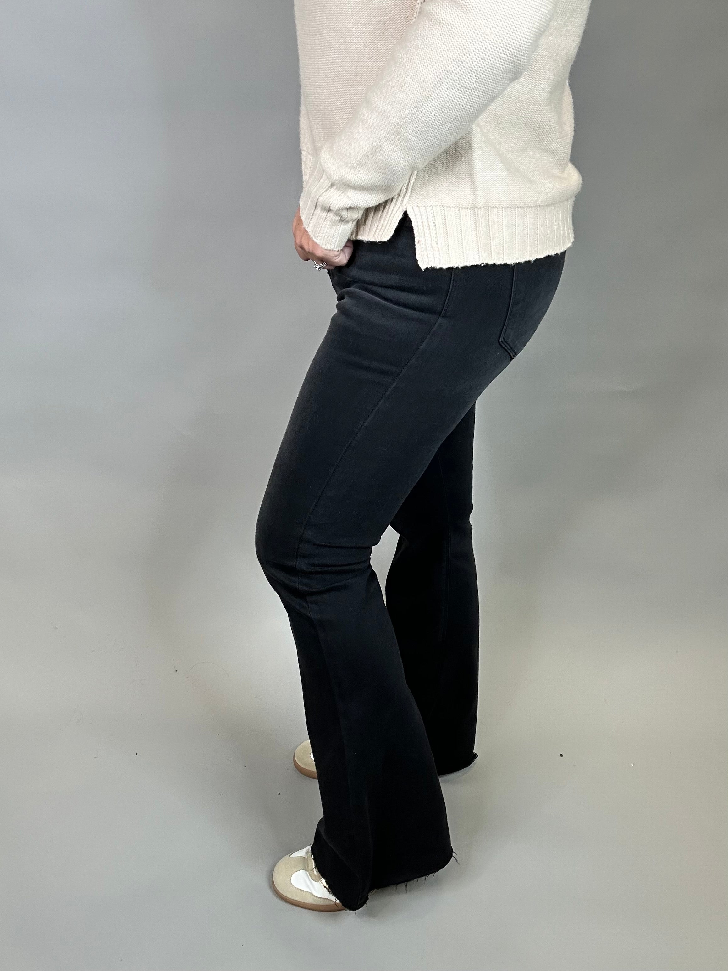 Black Raw Hem Flare Jean Bottoms - Pants RISEN