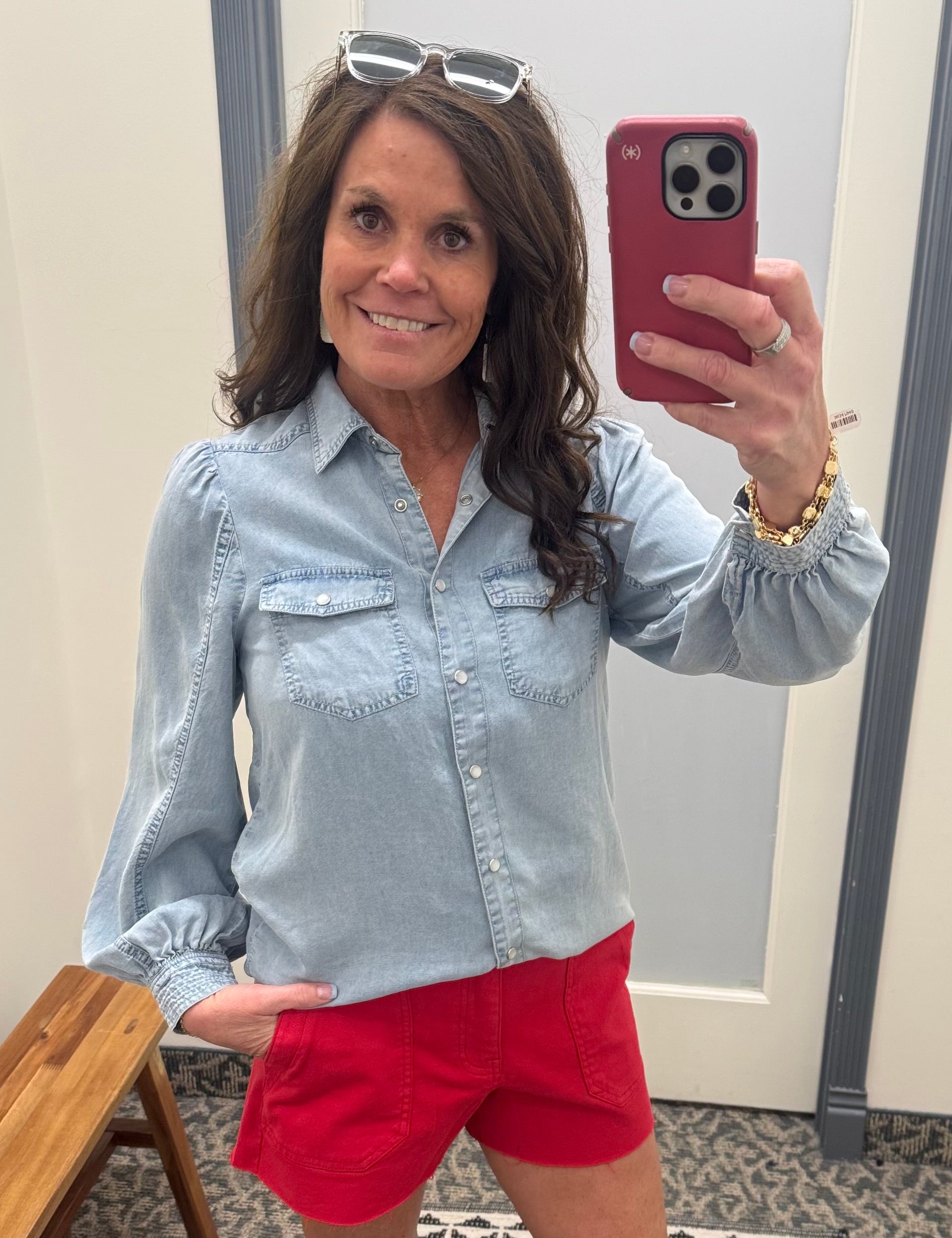 Light Denim Bubble Sleeve Tencel Shirt Tops - Button Ups DOE & RAE