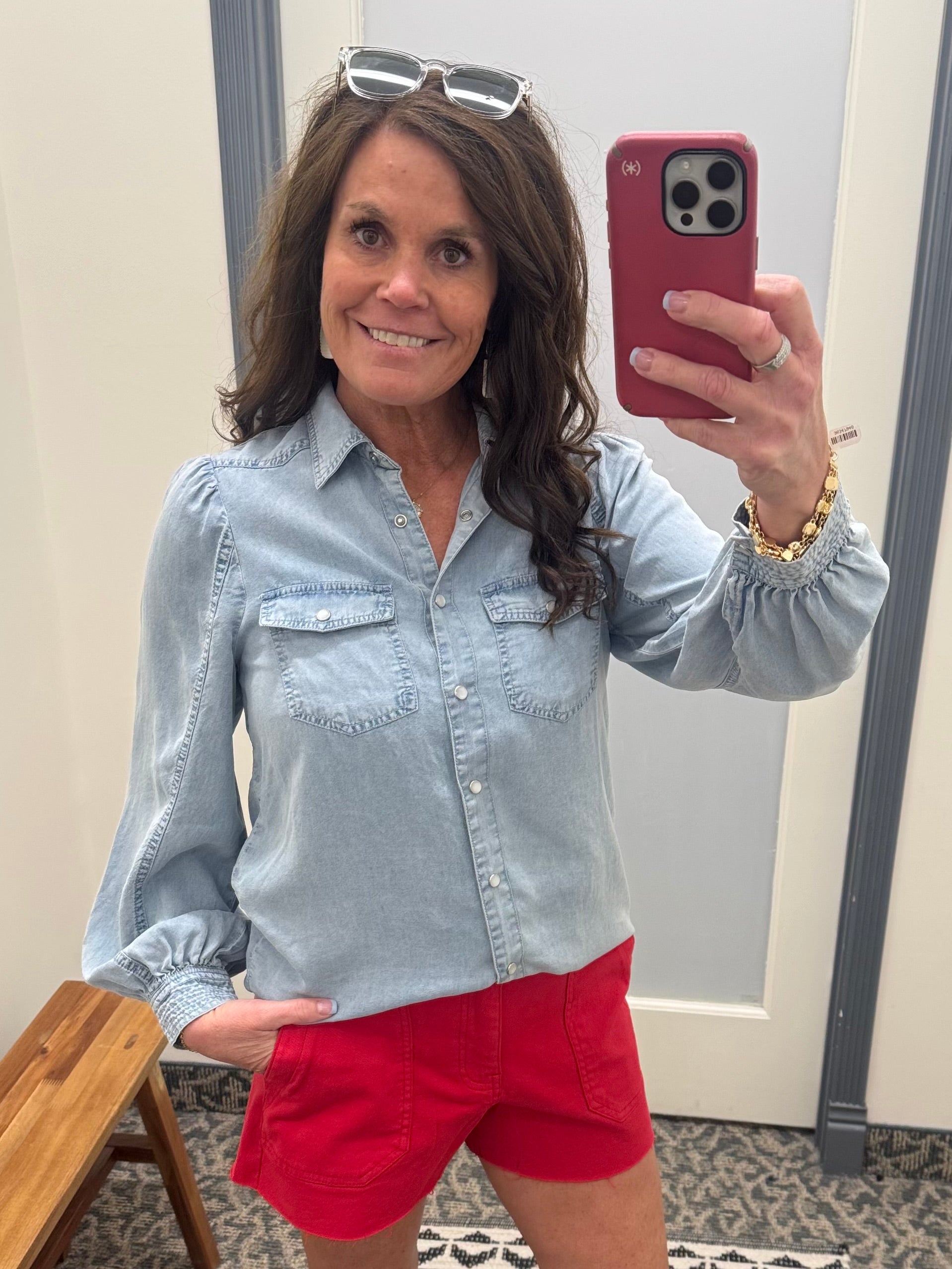 Light Denim Bubble Sleeve Tencel Shirt Tops - Button Ups DOE & RAE