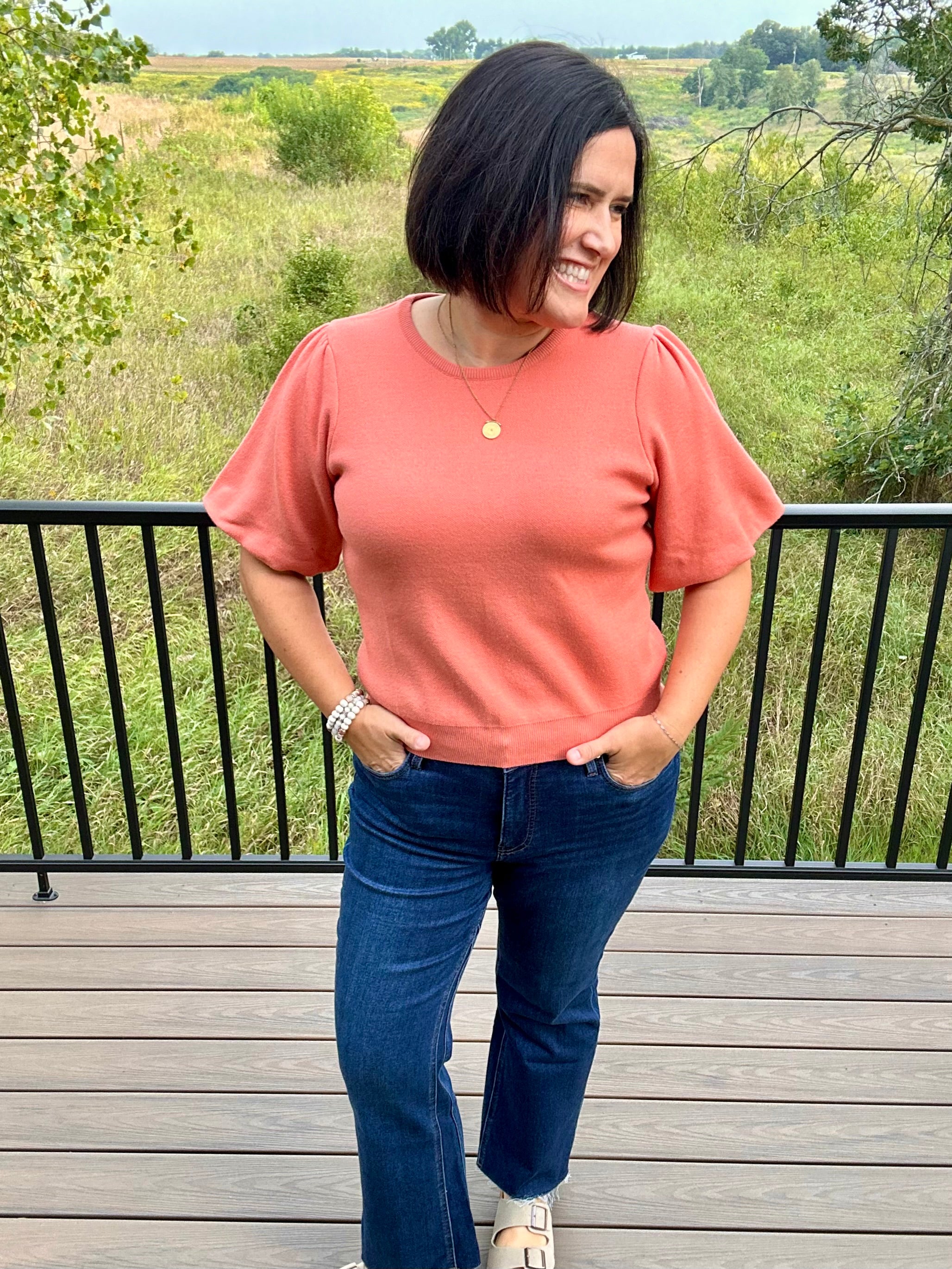Sunset Orange Bubble Sleeve Knit Top Top - Sweater VOY