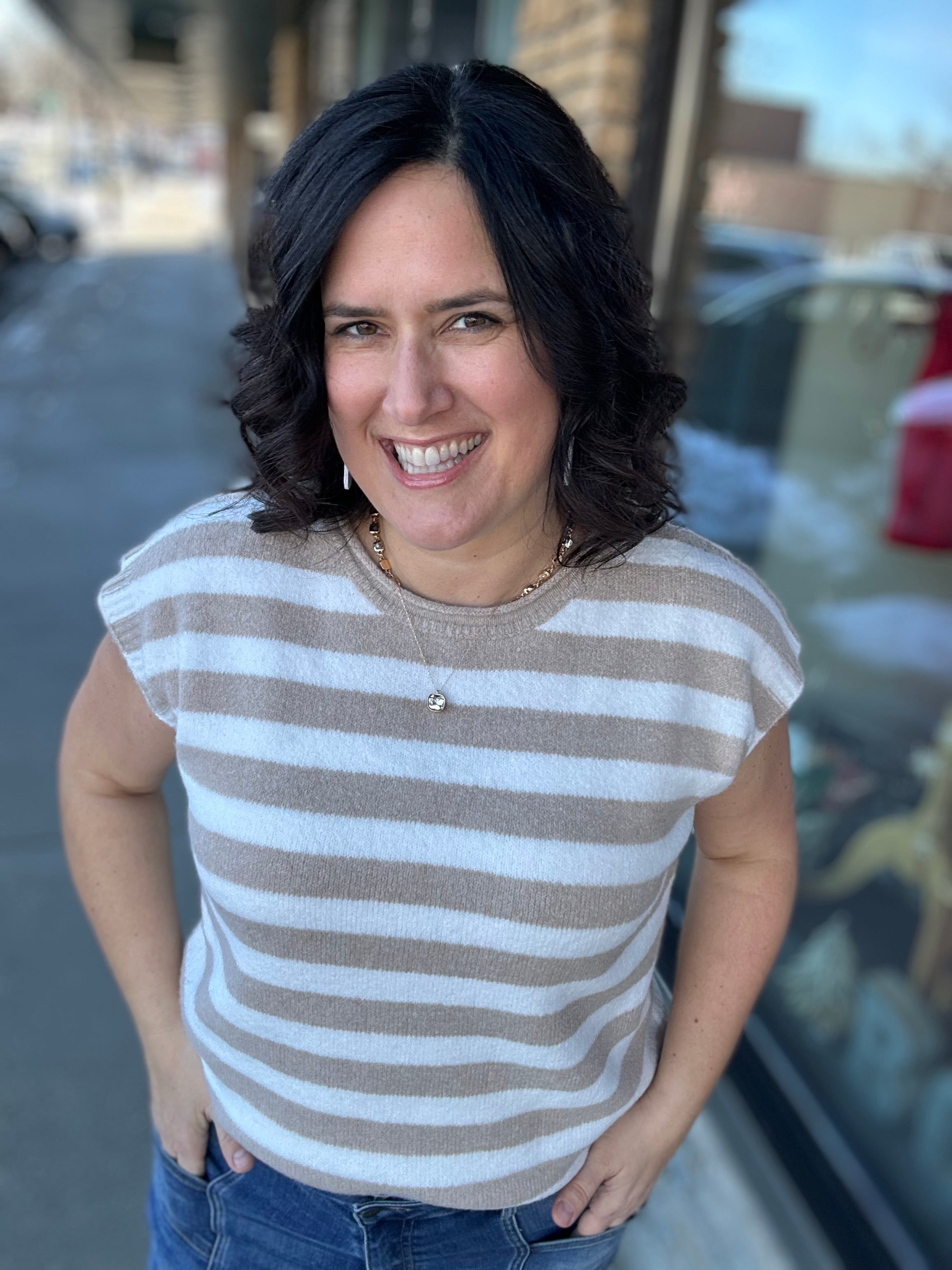 Taupe/White Striped Sweater Vest Top - Sweater WISHLIST