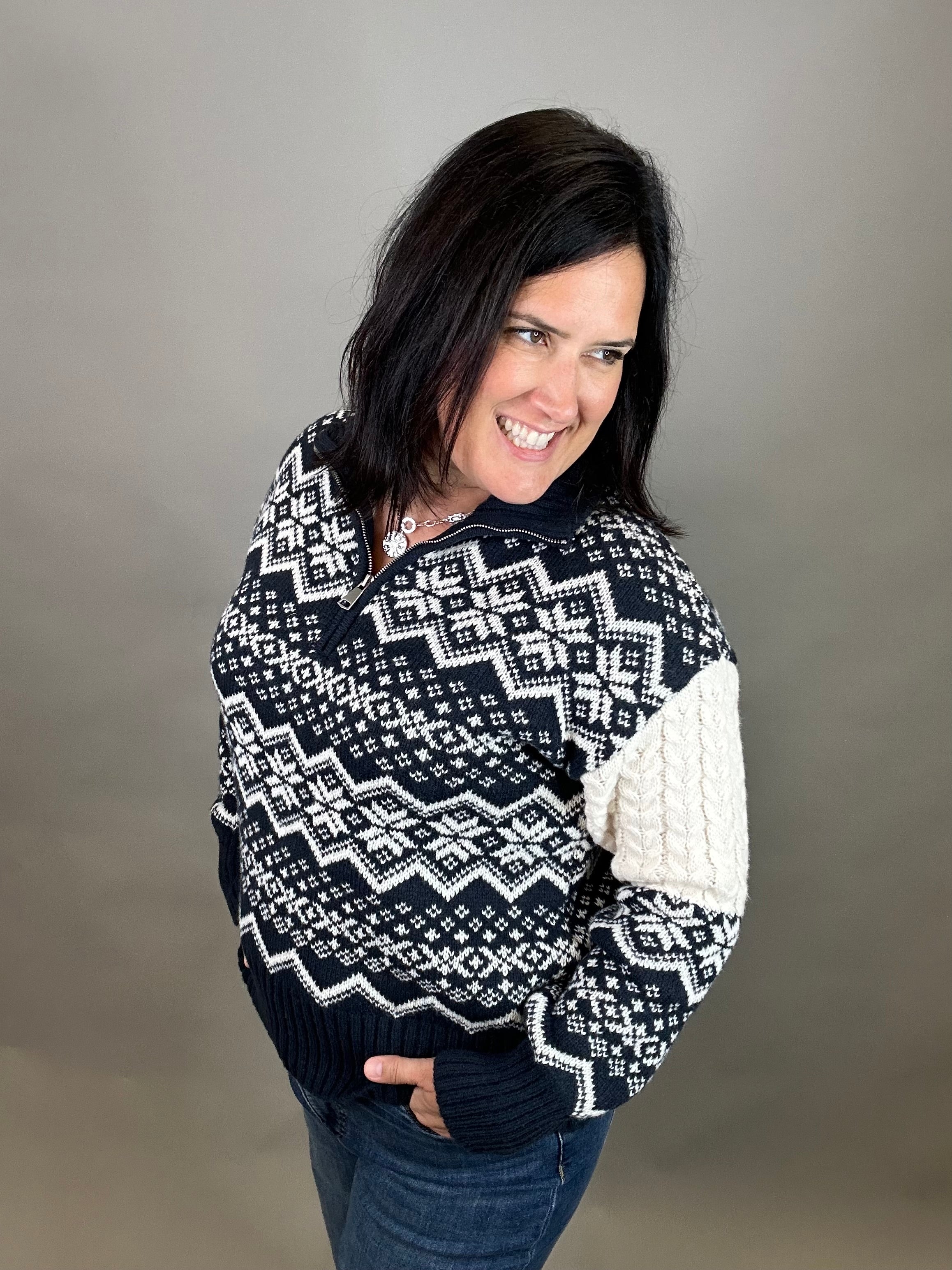Navy Jacquard Half Zip Sweater Top - Sweater HEM & THREAD