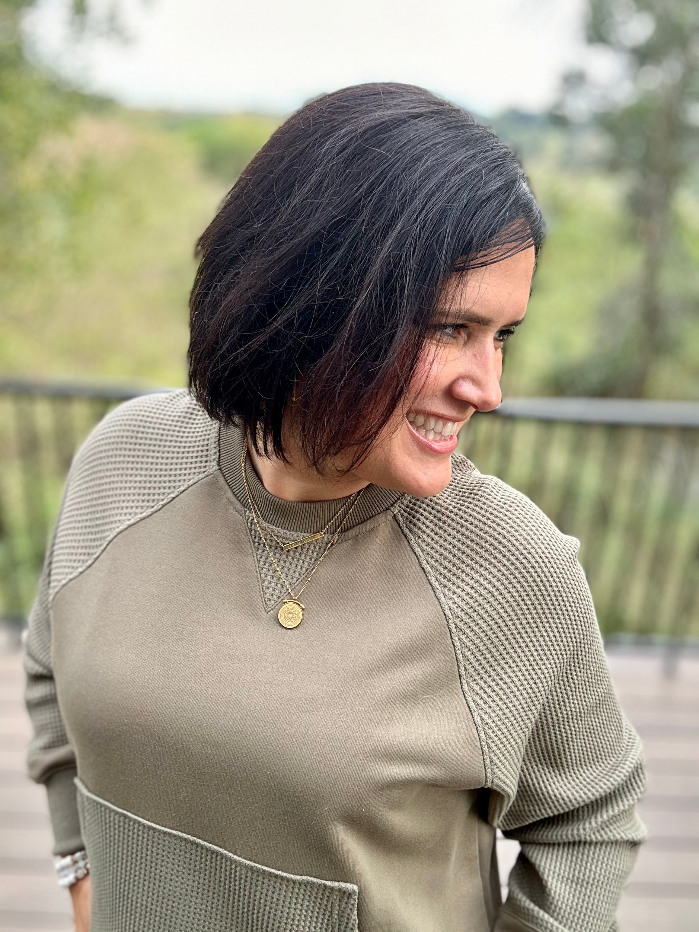Army Green Mixed Waffle Knit Top Top - Sweatshirt TRES BIEN