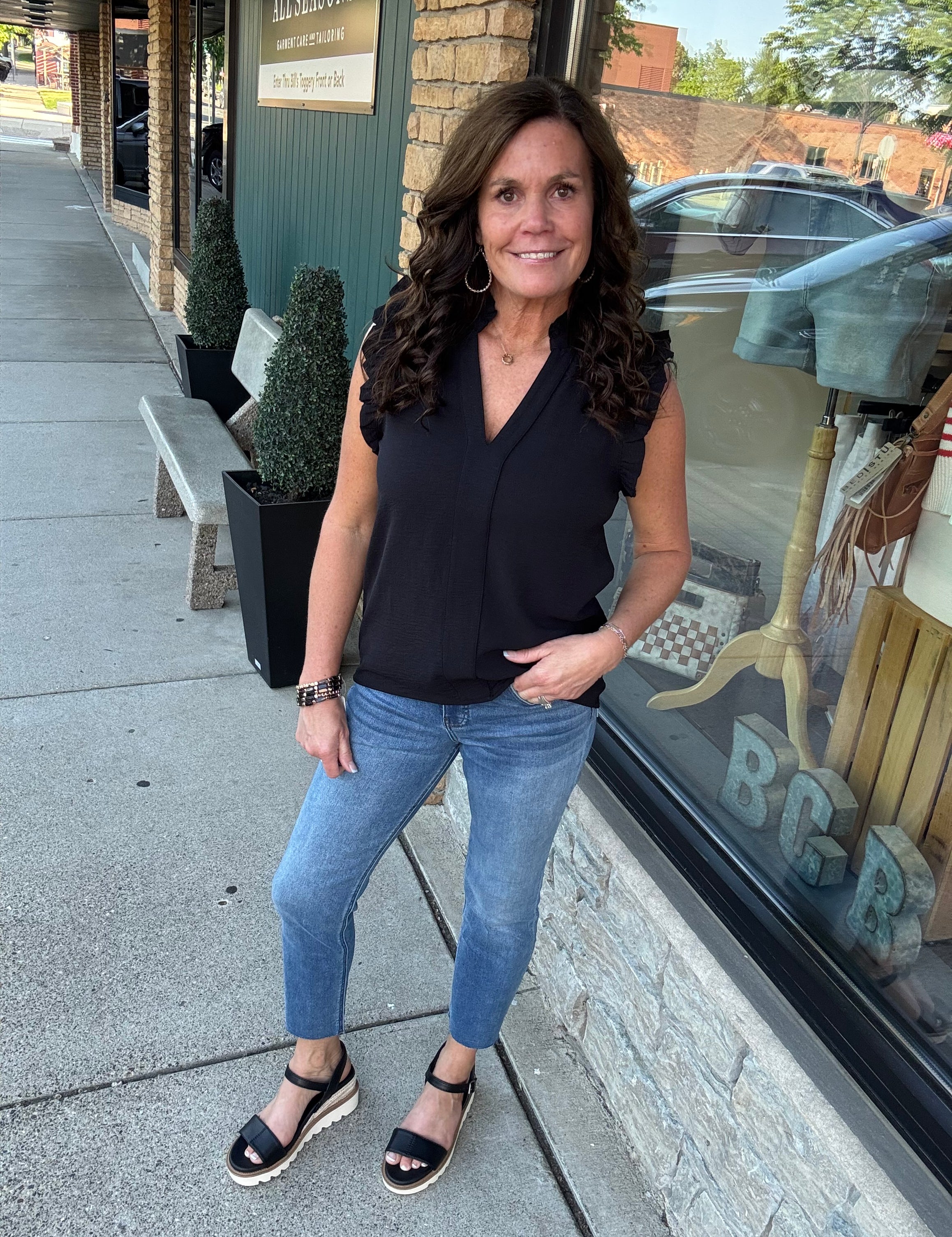 Black Frilled Split Neck Blouse Tops- Blouses STACCATO