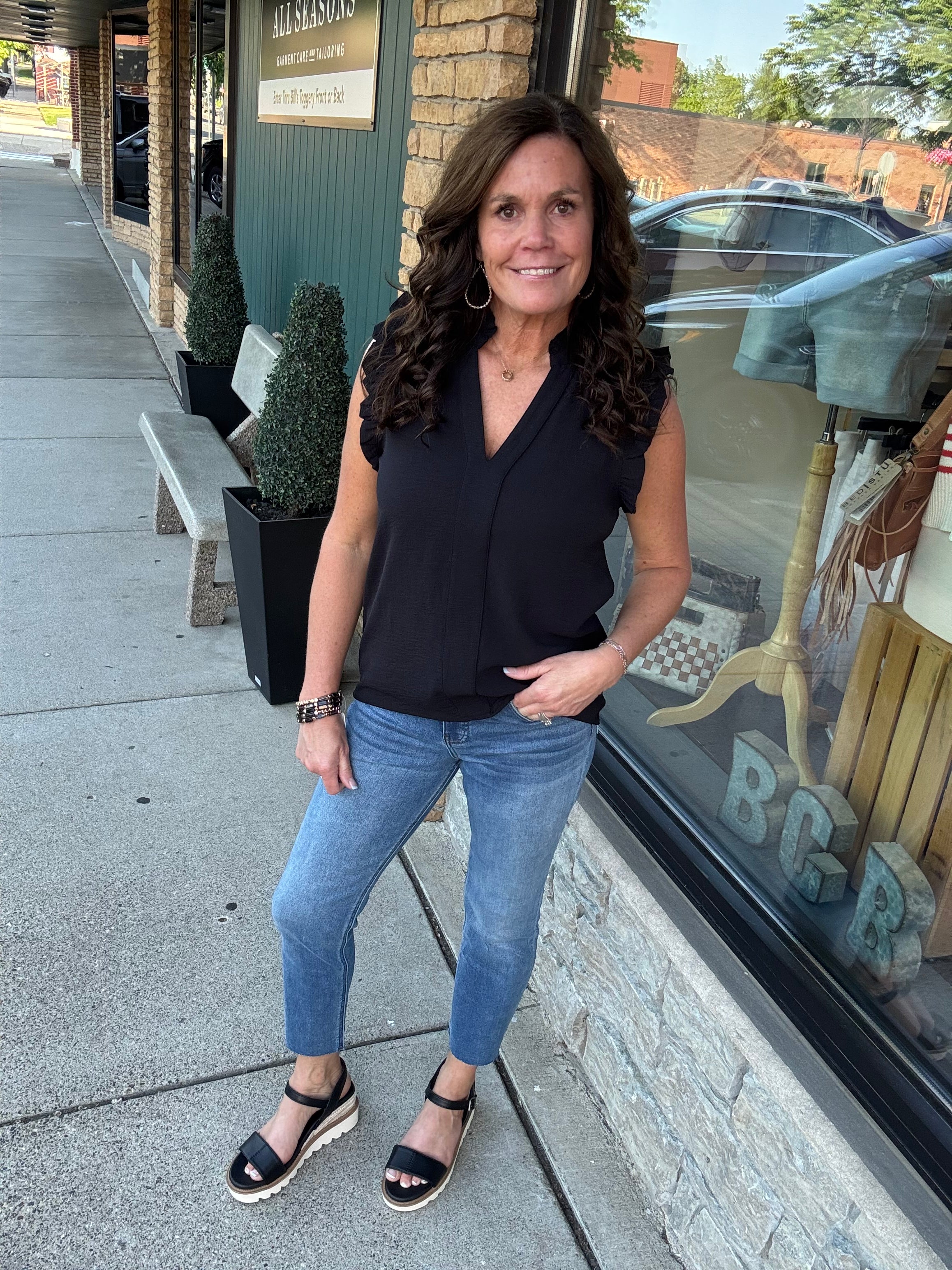 Black Frilled Split Neck Blouse Tops- Blouses STACCATO