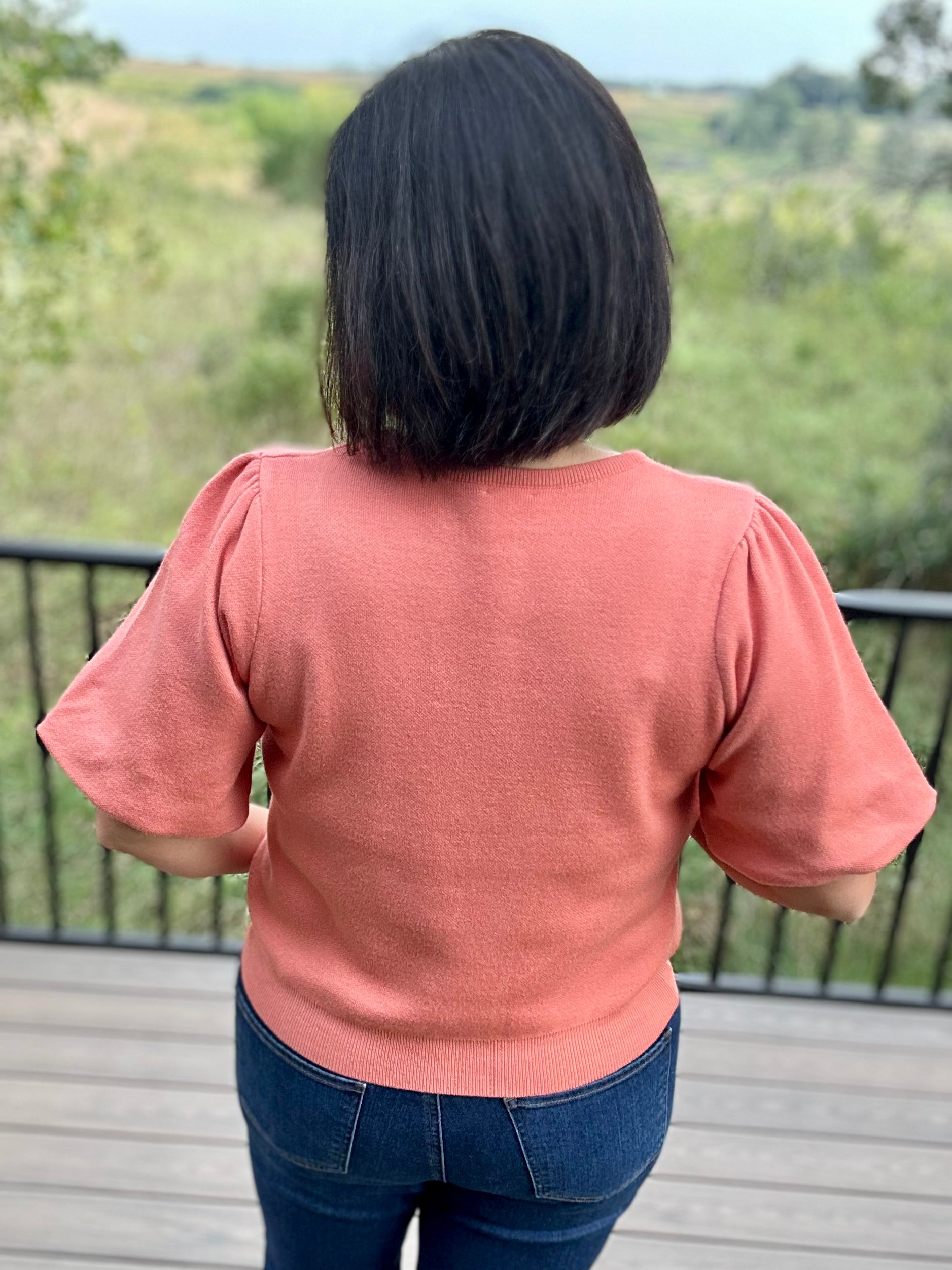 Sunset Orange Bubble Sleeve Knit Top Top - Sweater VOY