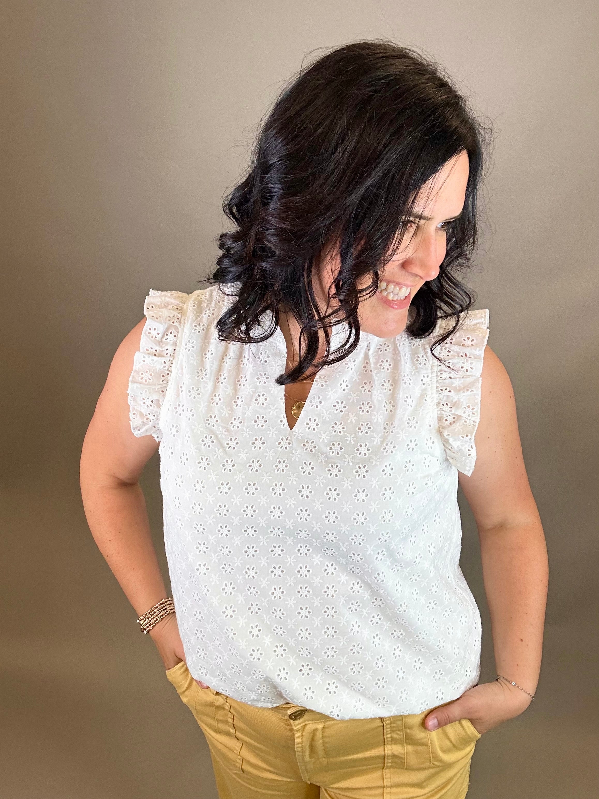 White Eyelet Ruffle Cap Sleeve Top Tops- Blouses DOE & RAE