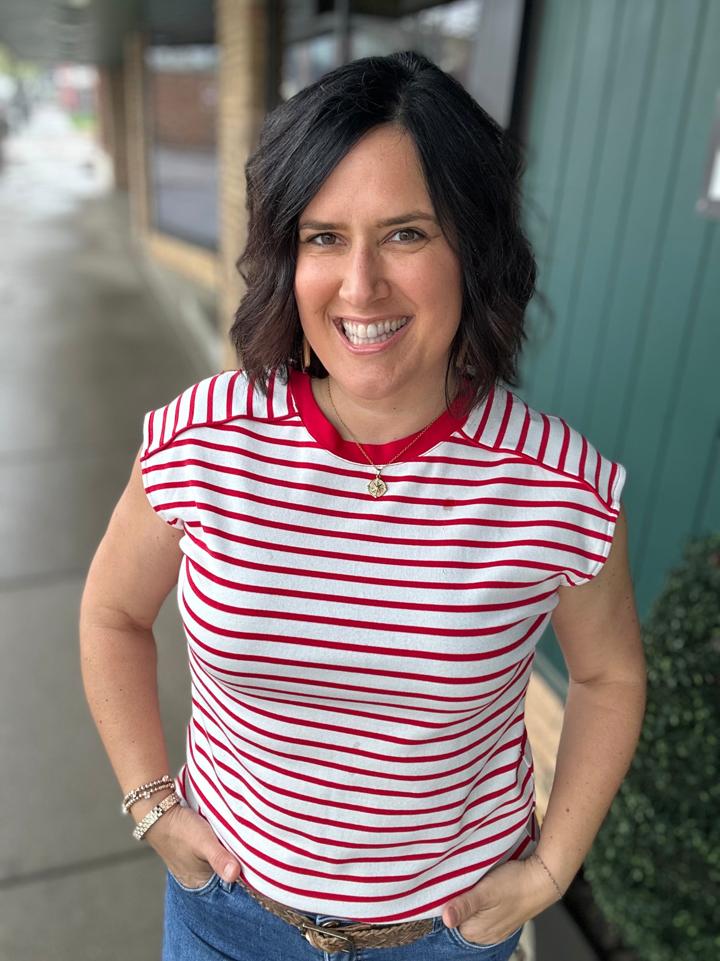 Red/White Striped Top Piping Detail Top - Tee STACCATO