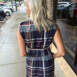Navy Sleeveless Plaid Midi Dress THML
