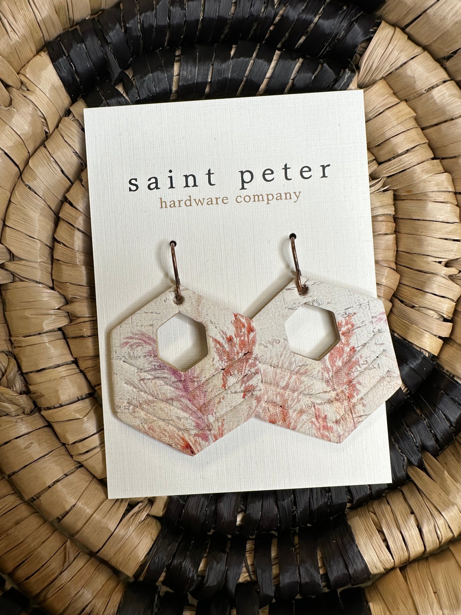Washed Cranberry and Cream Hexy Earrings
