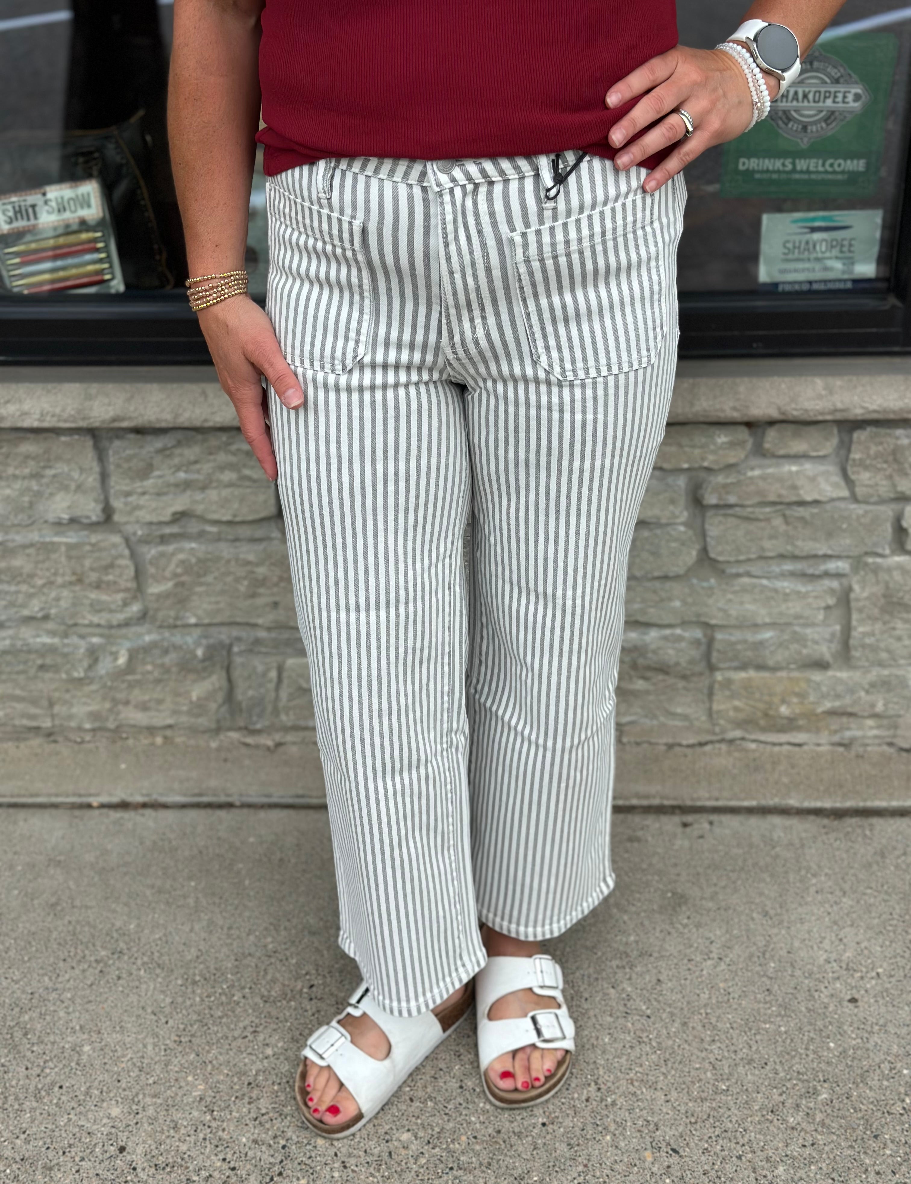 Gray Striped Wide Leg Jeans Bottom- Pants MICA DENIM