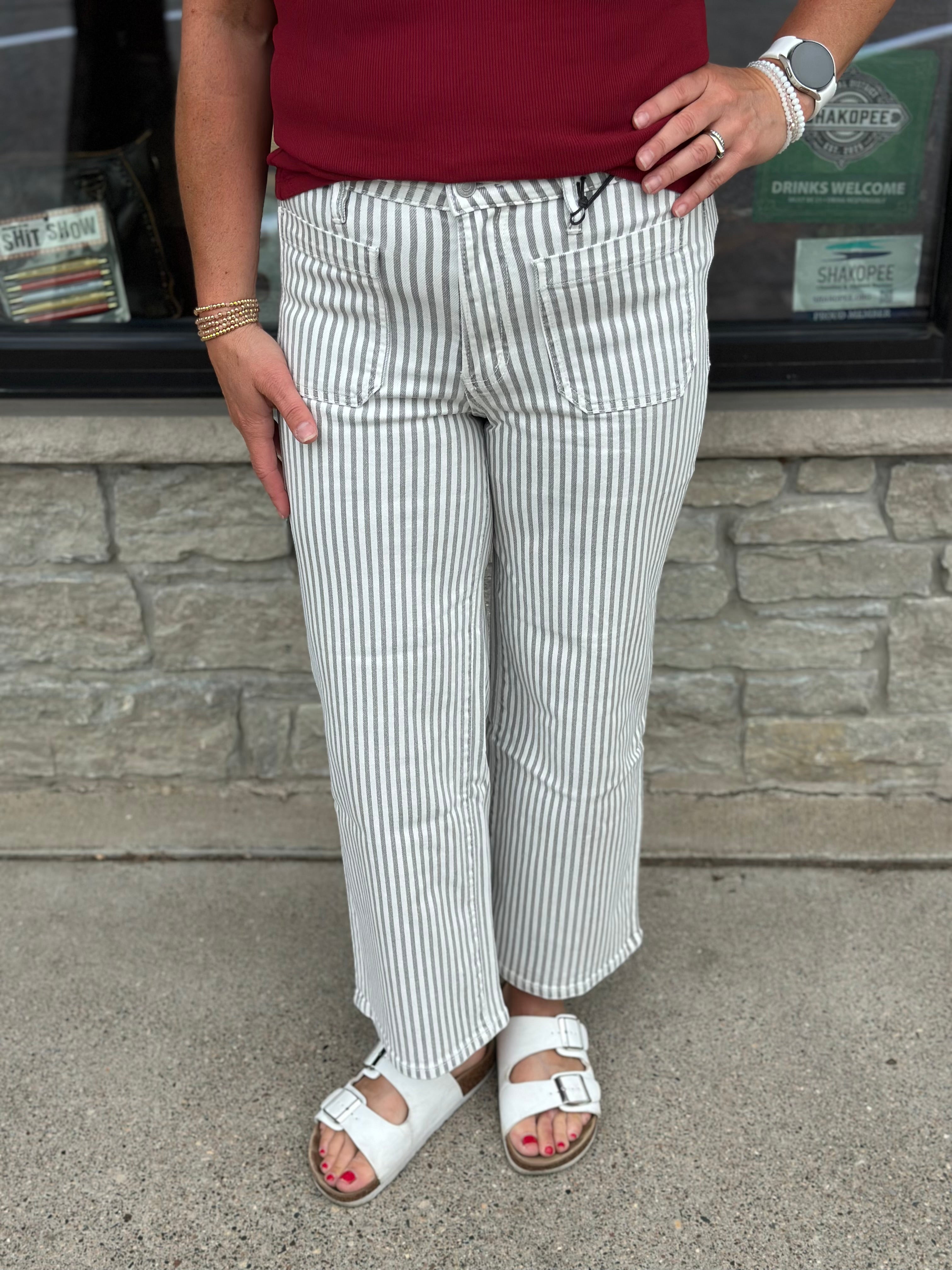 Gray Striped Wide Leg Jeans