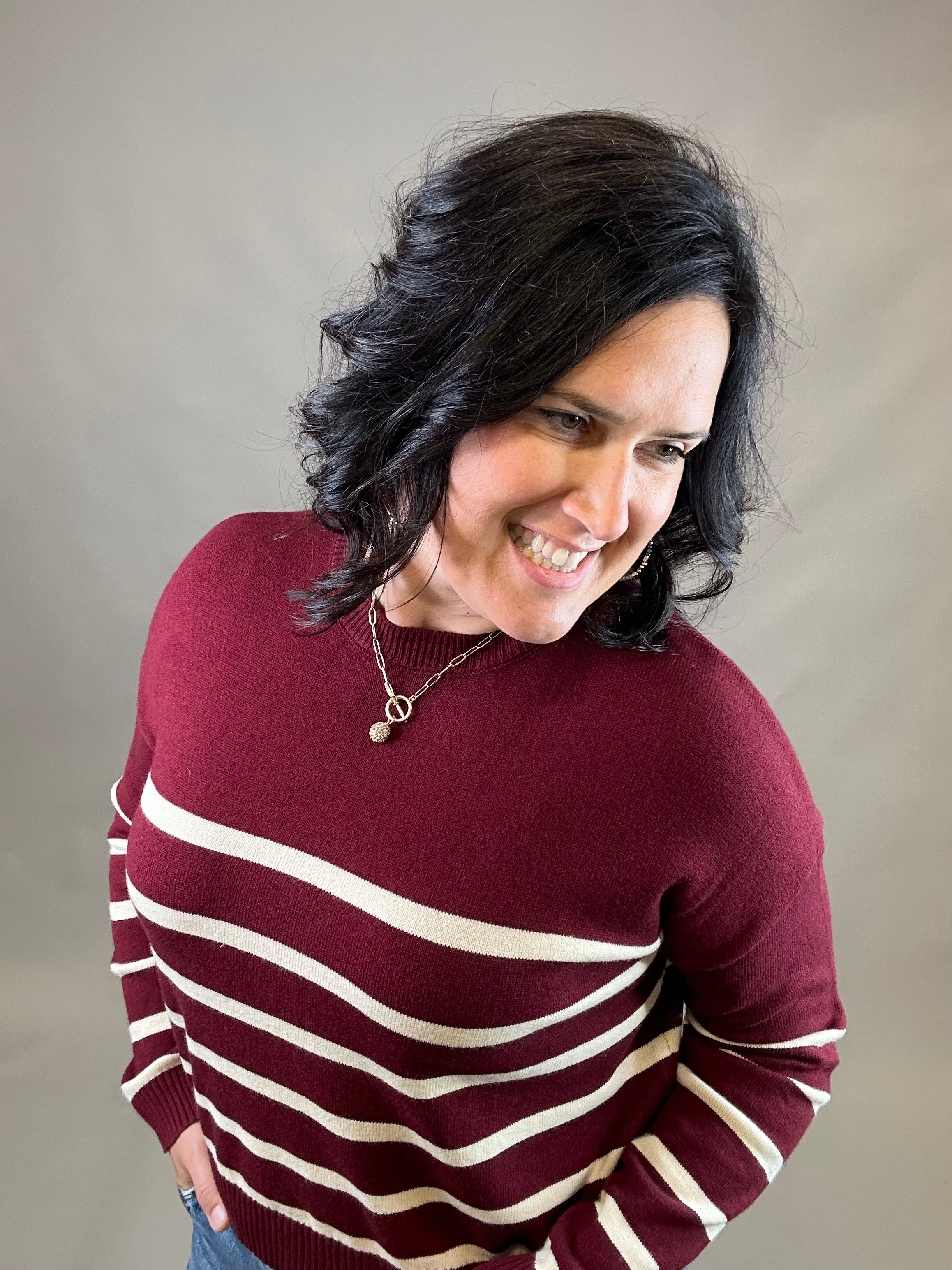 Wine/Cream Striped Drop Shoulder Sweater Top - Sweater WISHLIST